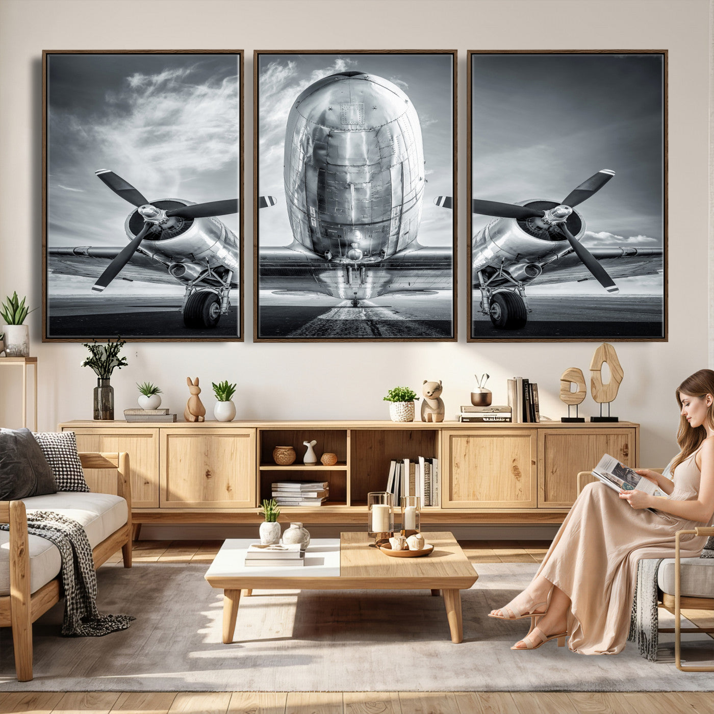 59729636-MGV-CV-36X24 - Vintage Propeller Plane Wall Art Canvas Print, Black and White Airplane Engine Close Up Framed Aviation Artwork for Pilot Office Hangar Decor