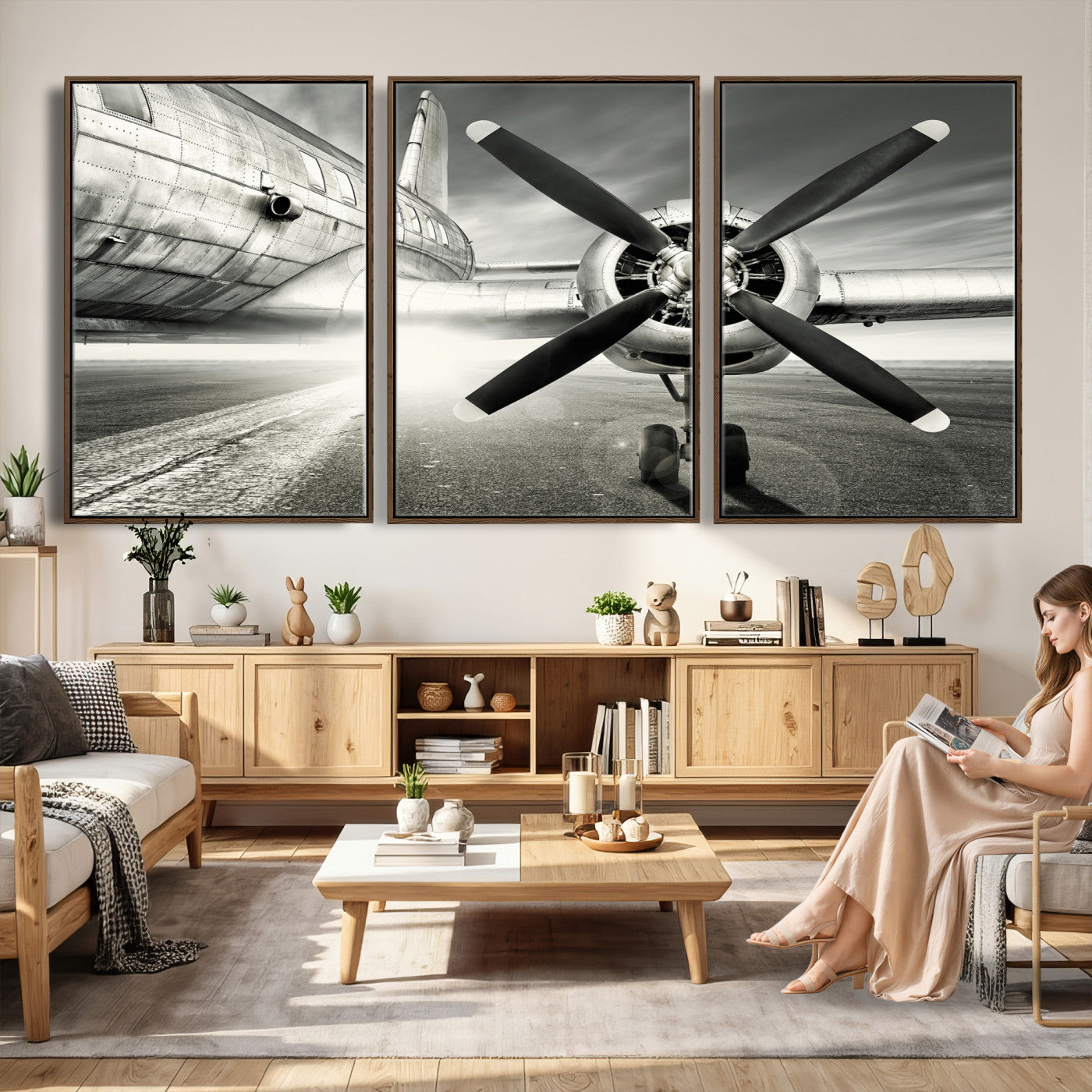 16420255-MGV-CV-36X24 - Vintage Airplane Wall Art Canvas Print, Black and White Propeller Aircraft Framed Aviation Artwork for Pilot Office Hangar Living Room Decor