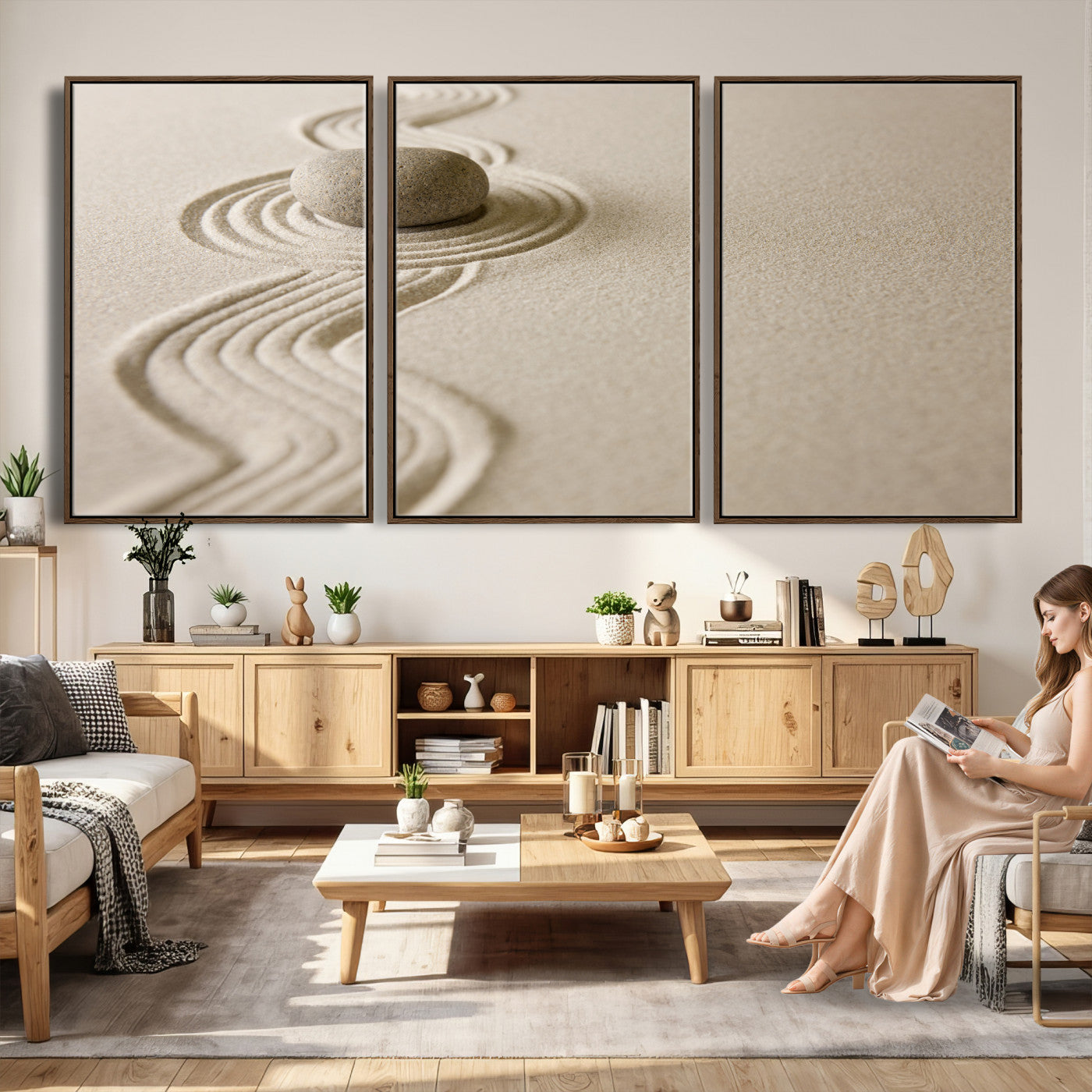 66852661-MGV-CV-36X24 - Zen Garden Stone Sand Canvas | Japanese Rock Garden Wall Art | Minimalist Meditation Print | Neutral Beige Mindfulness Decor