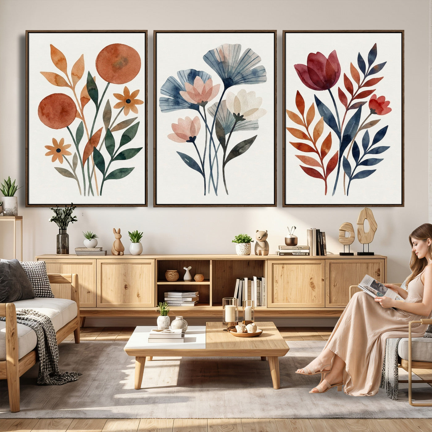 95190931-MGV-CV-60X30-3P - Watercolor Botanical Canvas Wall Art Set, Navy Terracotta Floral Triptych Print, Minimalist Flower Decor, Boho Living Room Art, Scandinavian Nature Print