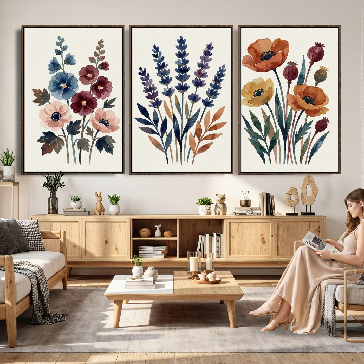 66468390-MGV-CV-60X30-3P - Watercolor Botanical Canvas Wall Art Set, Navy Terracotta Floral Triptych Print, Minimalist Flower Decor, Boho Living Room Art, Scandinavian Nature Print