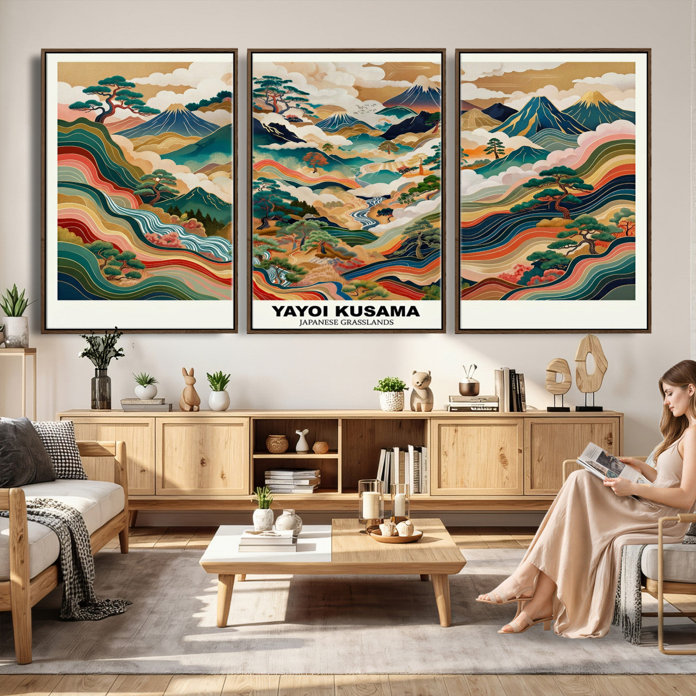 89903380-MGV-CV-60X30-3P - Japanese Grasslands Canvas Wall Art, Kusama Inspired Landscape Print, Colorful Japanese Nature Poster, Ukiyo-e Style Mountain Decor, Asian Art Print