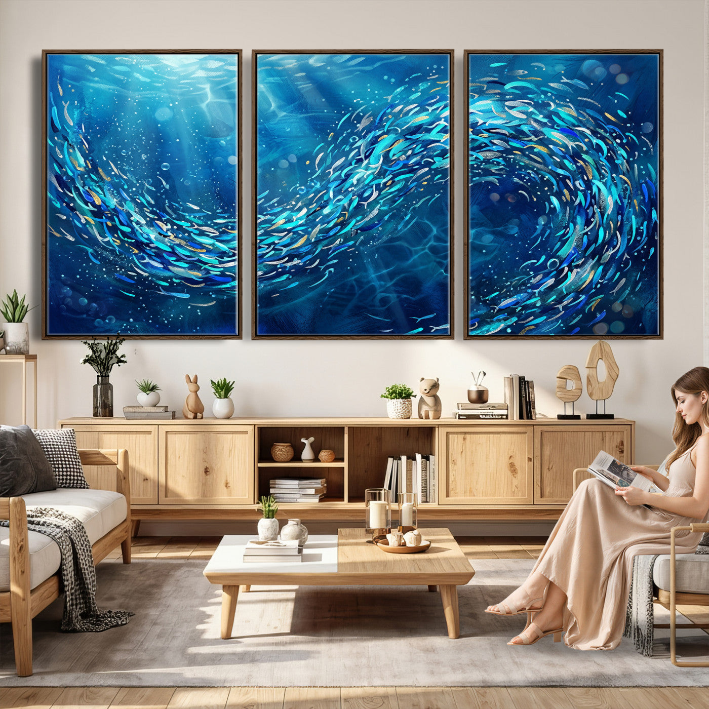 54535639-MGV-CV-36X24 - School of Fish Canvas Print | Blue Ocean Underwater Wall Art | Swirling Fish Shoal Illustration | Marine Navy Coastal Decor