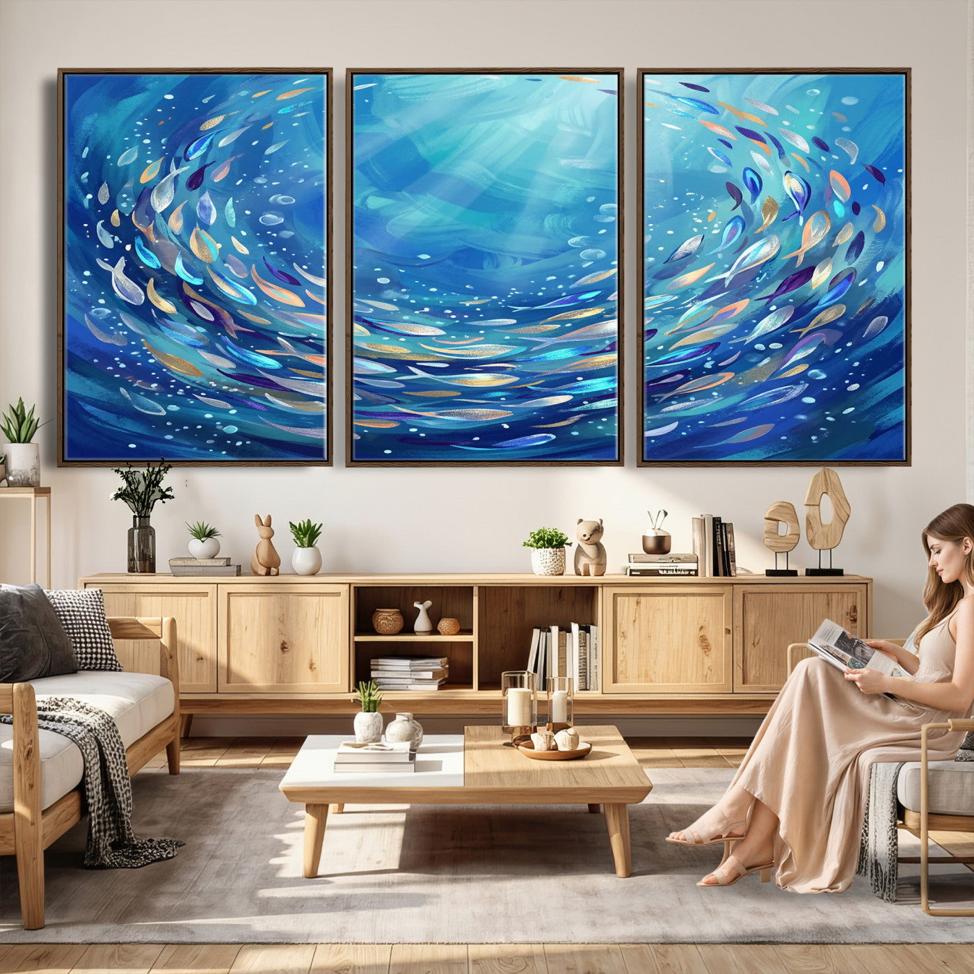 78699899-MGV-CV-36X24 - School of Fish Canvas Print | Blue Ocean Underwater Wall Art | Swirling Fish Shoal Illustration | Marine Navy Coastal Decor