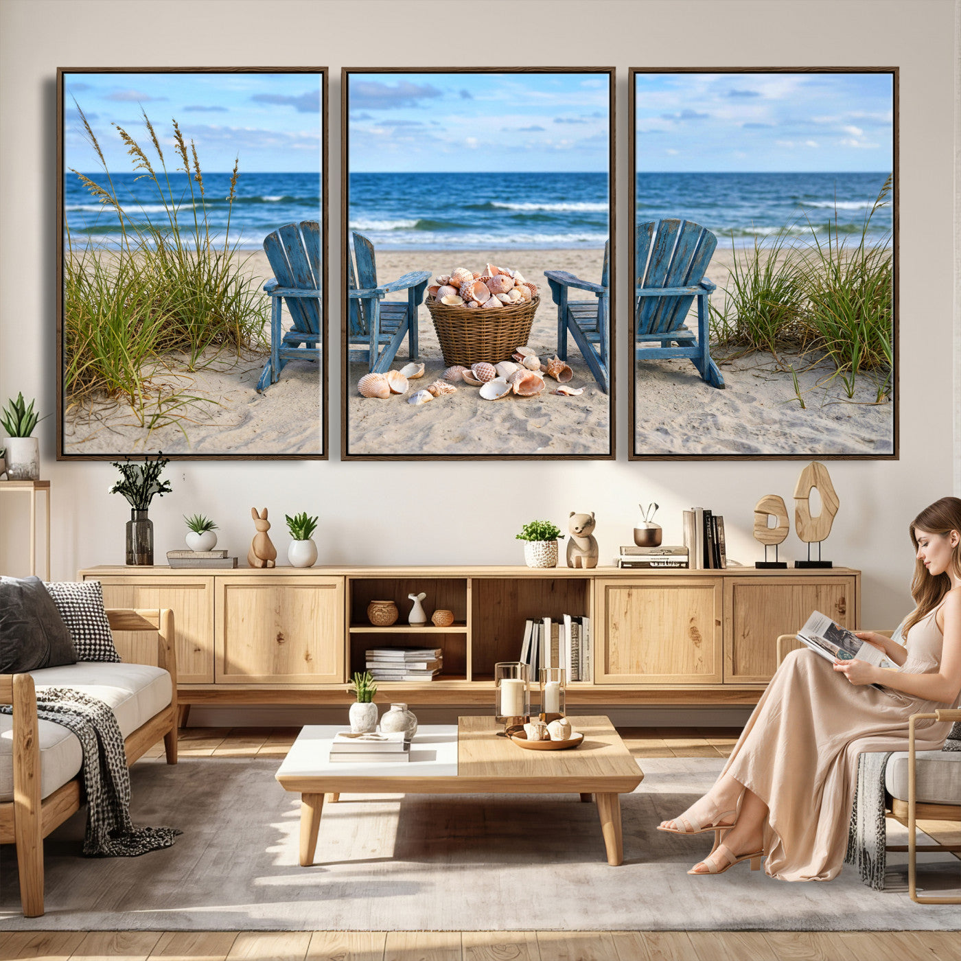 80268829-MGV-CV-36X24 - Large Beach Canvas Wall Art Coastal Adirondack Chairs Ocean Seashells Blue Nautical Framed Large for Living Room Bedroom Bathroom Decor