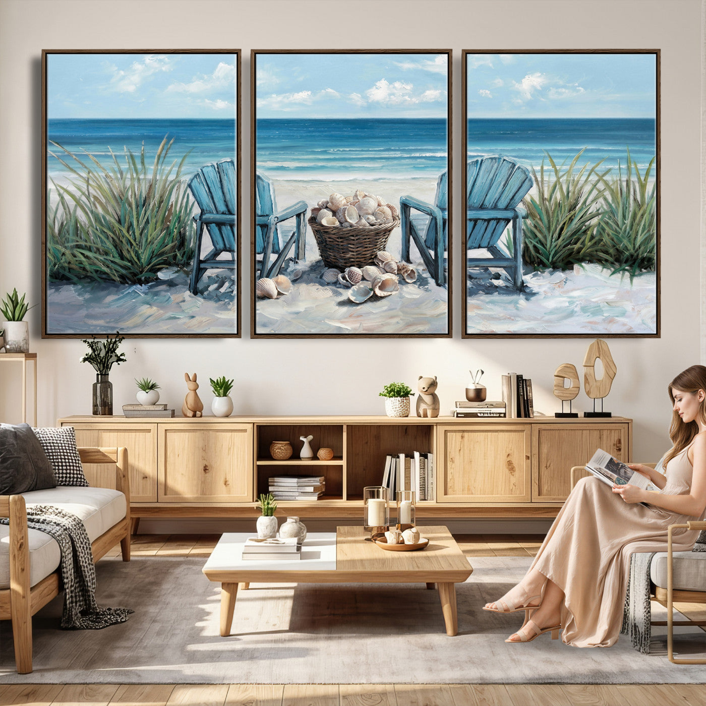 11973028-MGV-CV-36X24 - Beach Canvas Wall Art Coastal Adirondack Chairs Ocean Seashells Blue Nautical Framed Large for Living Room Bedroom Bathroom Decor