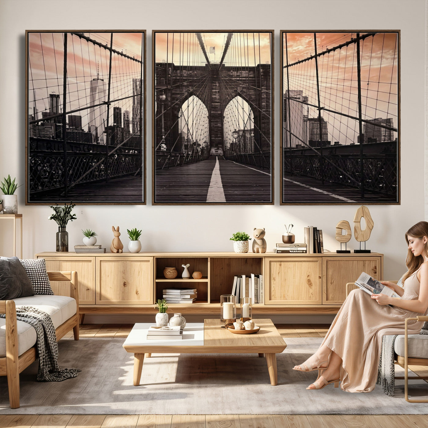 93226664-MGV-CV-36X24 - Brooklyn Bridge Canvas Wall Art, New York City Skyline Photography Print, NYC Landmark Urban Decor Artwork