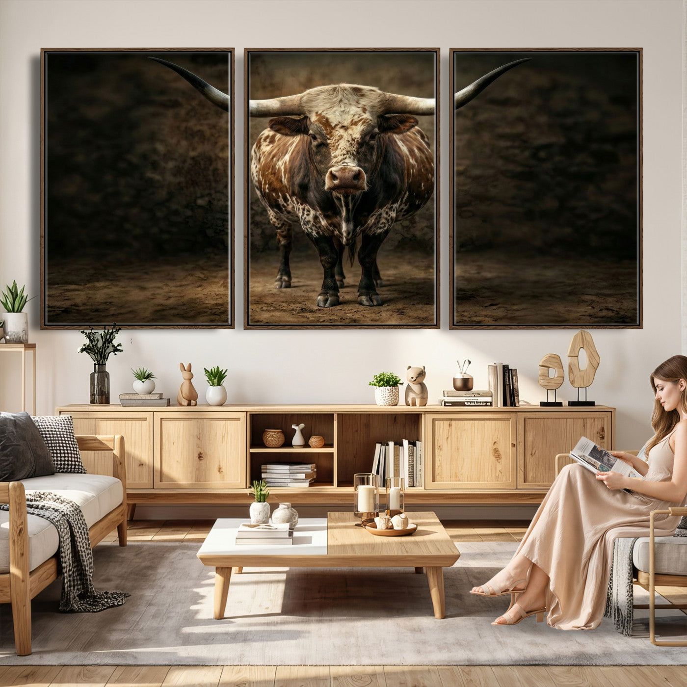 59378683-MGV-CV-60X30-3P - Texas Longhorn Bull Canvas Wall Art, Western Ranch Cattle Photography Print, Rustic Farmhouse Cowboy Decor Artwork
