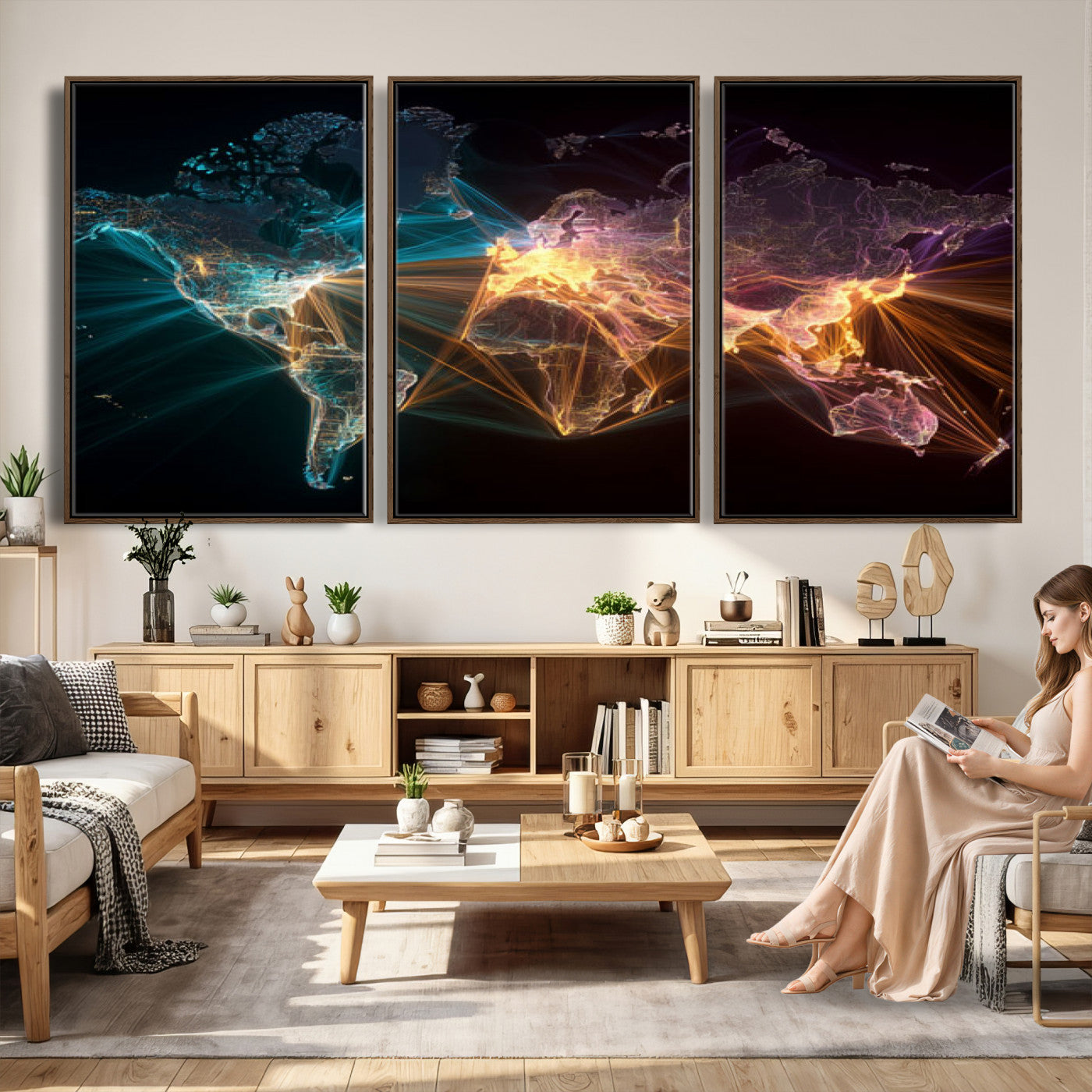 14891737-MGV-CV-36X24 - World Map and Global Flight Routes Map Canvas Wall Art, Worldwide Aviation Network Print, International Air Travel Wall Decor