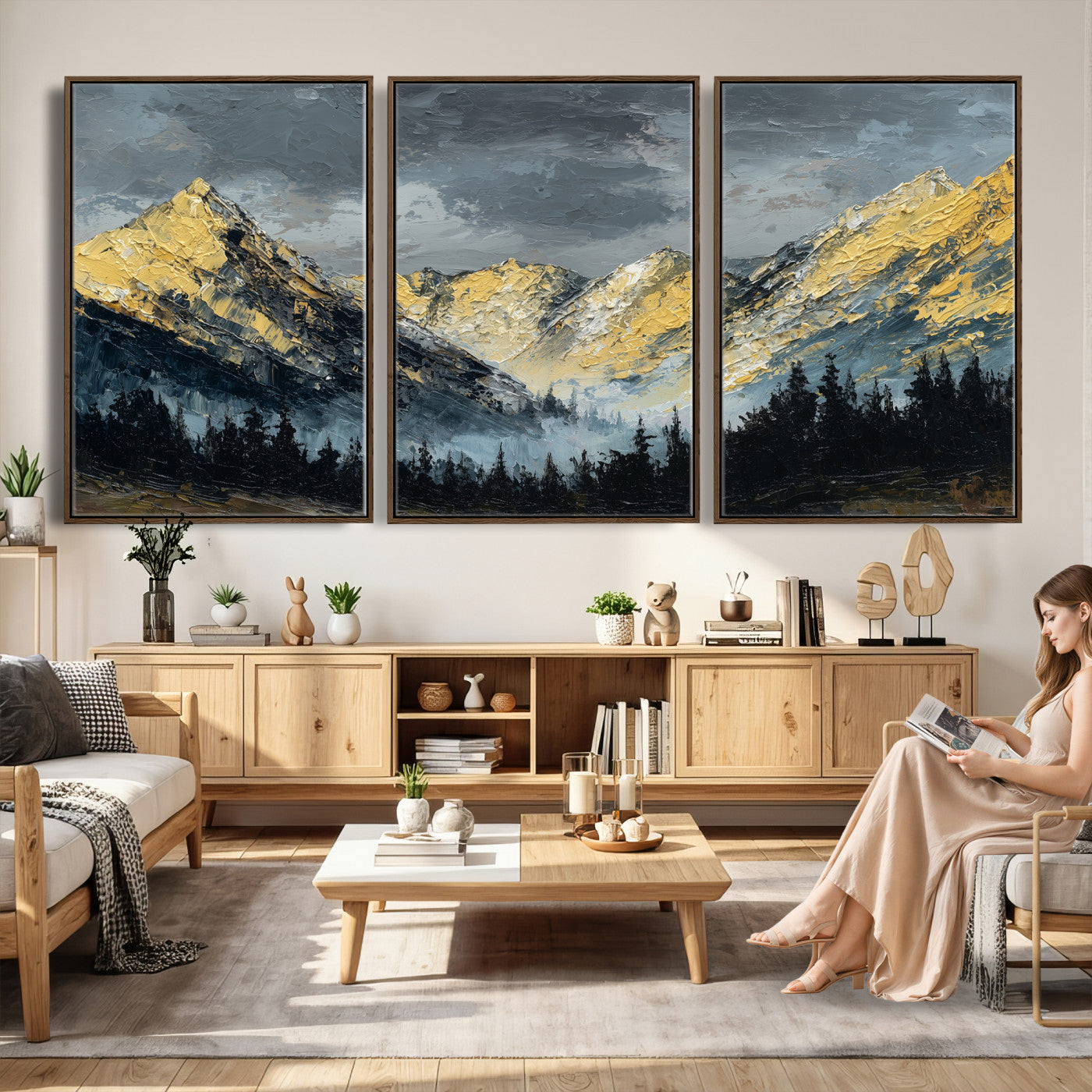 86912101-MGV-CV-48X32-3P - Abstract Mountain Wall Art Canvas Print Modern Landscape Painting Print