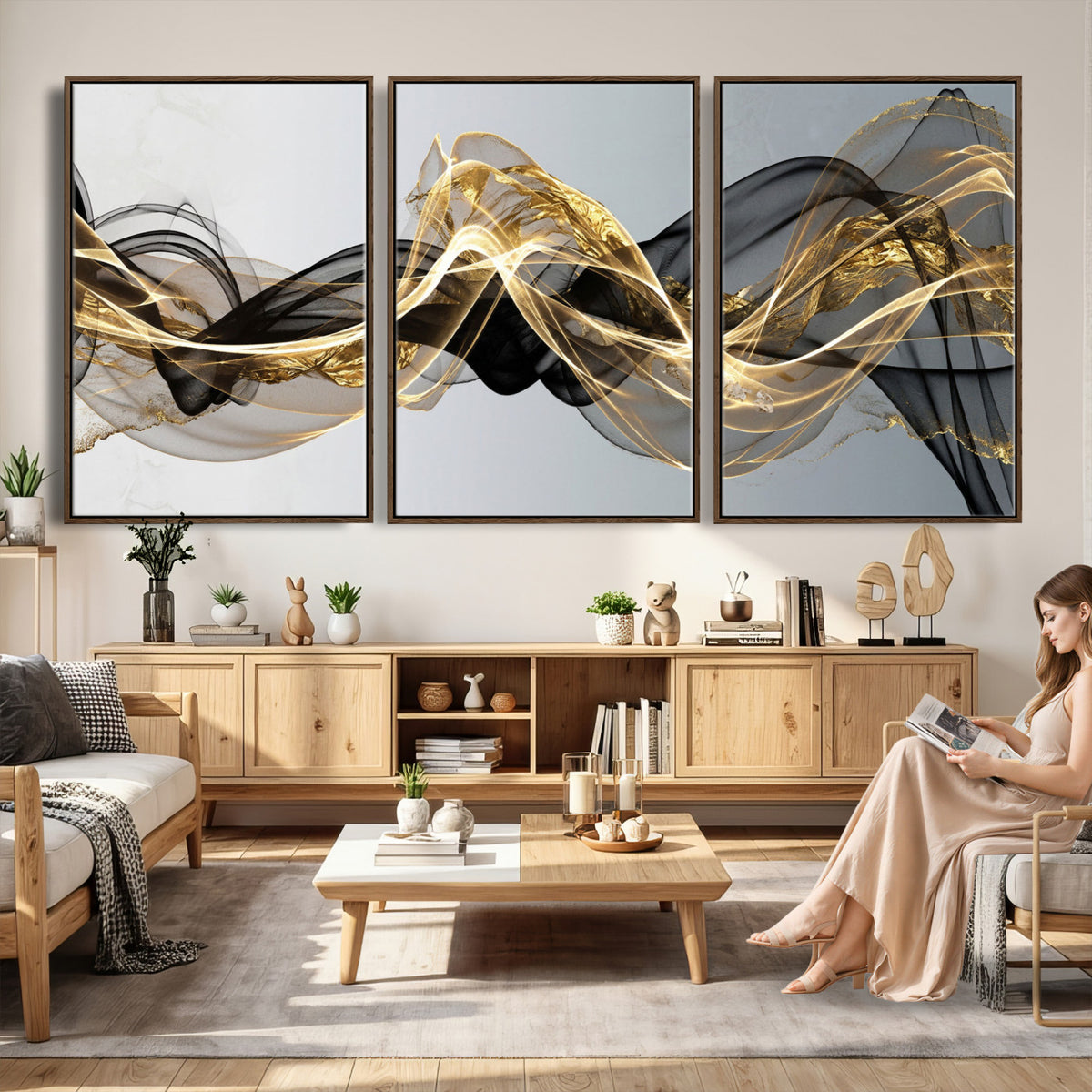 79483321DL-MGV-CV-36X24 - Black and Gold Abstract Wall Art, Modern Wave Canvas Print, Elegant Flowing Smoke Art, Luxury Living Room Decor