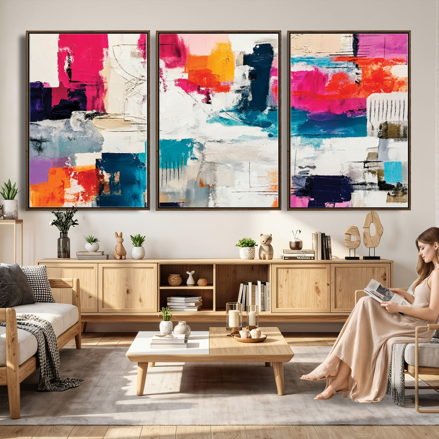 57864023-MGV-CV-36X24 - Blue Teal Abstract Canvas Wall Art | Modern Textured Painting Print, Navy Orange White Contemporary Art, Neutral Living Room Decor, Office Art