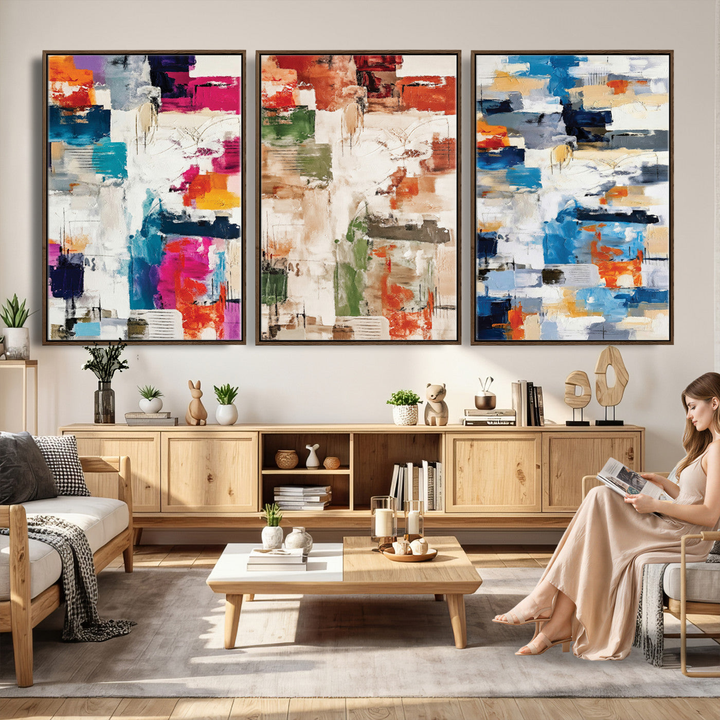 33267833-MGV-CV-60X30-3P - Blue Teal Abstract Canvas Wall Art, Modern Textured Painting Print, Navy Orange White Contemporary Art, Neutral Living Room Decor, Office Art