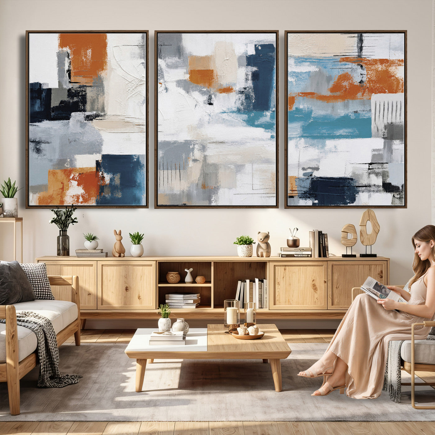 44950303-MGV-CV-36X24 - Blue Teal Abstract Canvas Wall Art, Modern Textured Painting Print, Navy Orange White Contemporary Art, Neutral Living Room Decor, Office Art