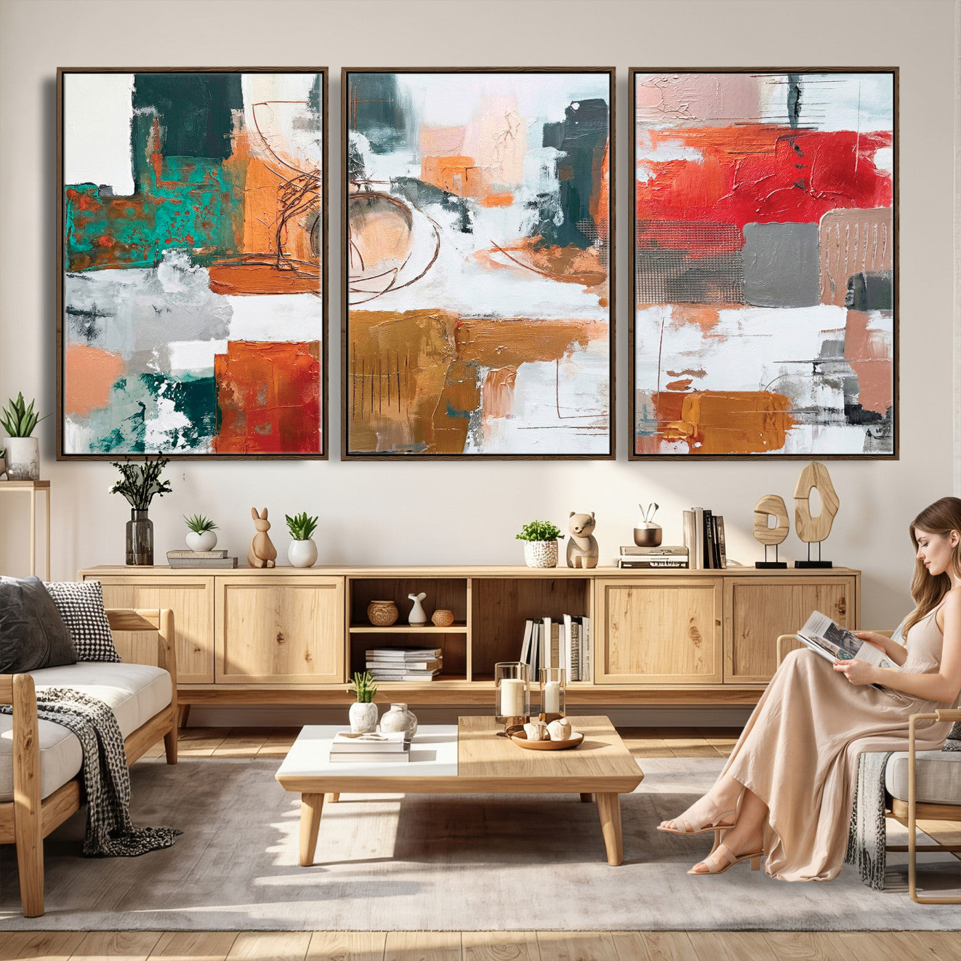 50720312-MGV-CV-36X24 - Blue Teal Abstract Canvas Wall Art | Modern Textured Painting Print, Navy Orange White Contemporary Art, Neutral Living Room Decor, Office Art.