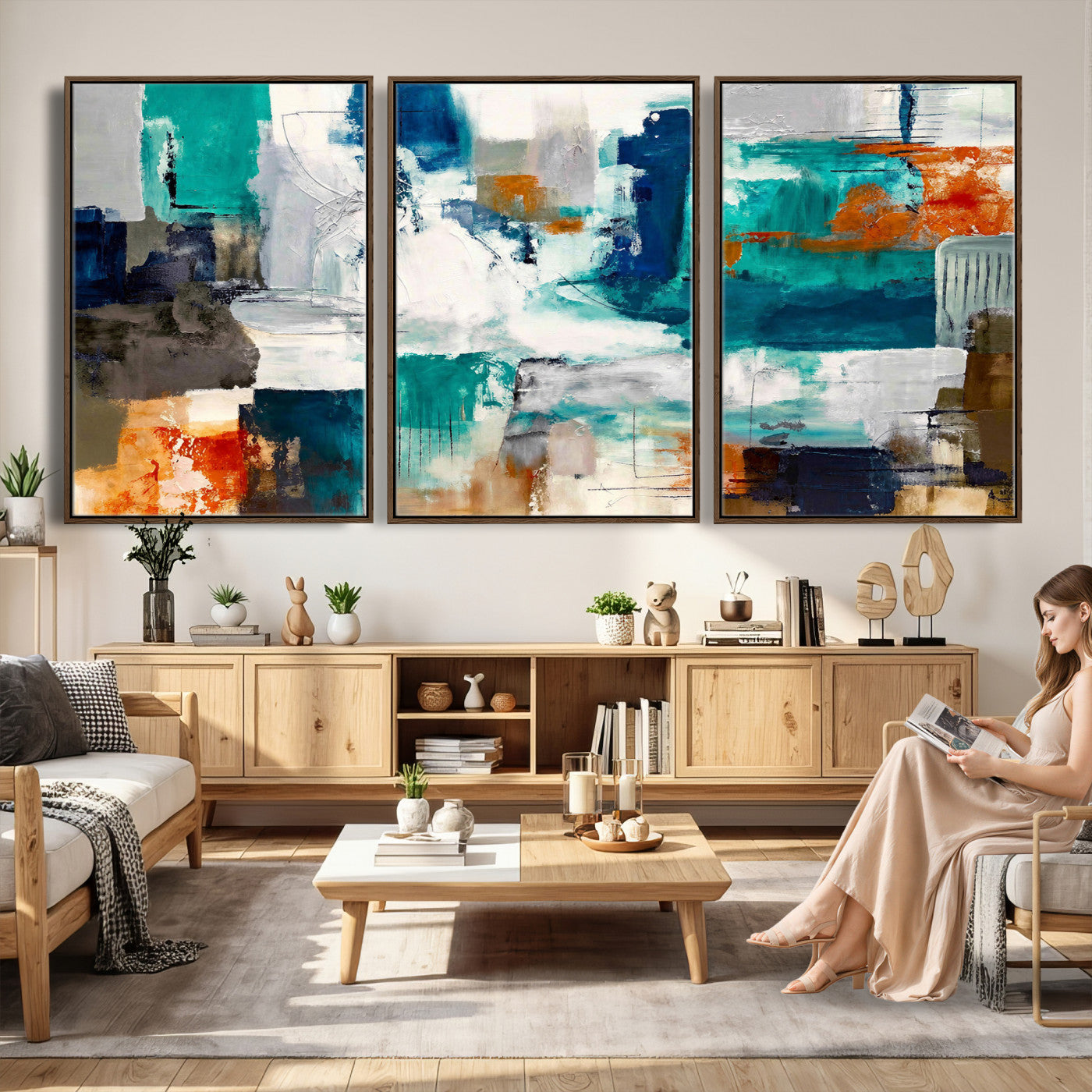 44038089-MGV-CV-36X24 - Blue Teal Abstract Canvas Wall Art, Modern Textured Painting Print, Navy Orange White Contemporary Art, Neutral Living Room Decor, Office Art