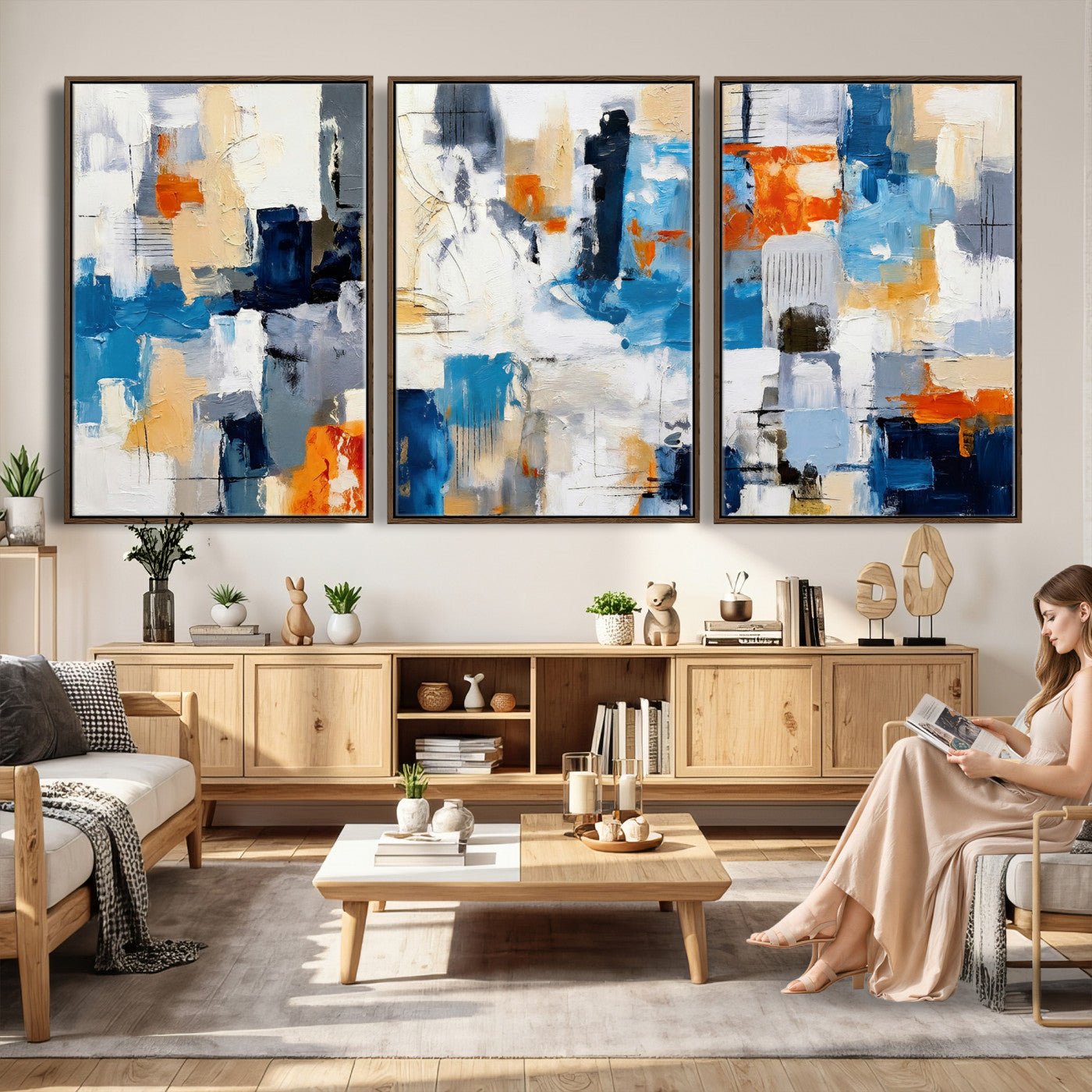 83915061-MGV-CV-36X24 - Blue Teal Abstract Canvas Wall Art, Modern Textured Painting Print, Navy Orange White Contemporary Art, Neutral Living Room Decor, Office Art