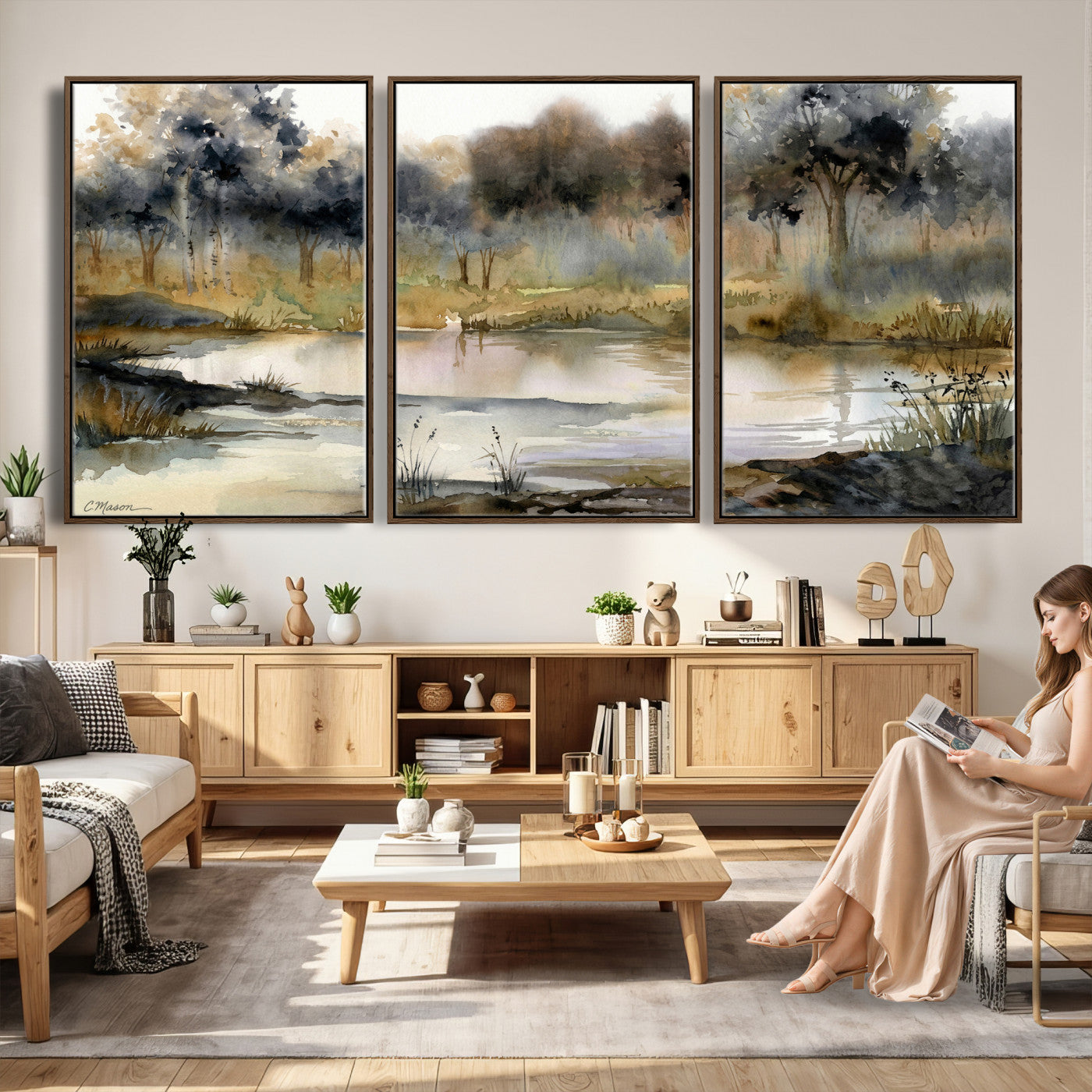 27383609-MGV-CV-36X24 - Abstract WatercolorAutumn Lake Canvas Wall Art Print, Misty Forest Landscape, Rustic Nature Painting, Cabin Wall Decor, Ready to Hang