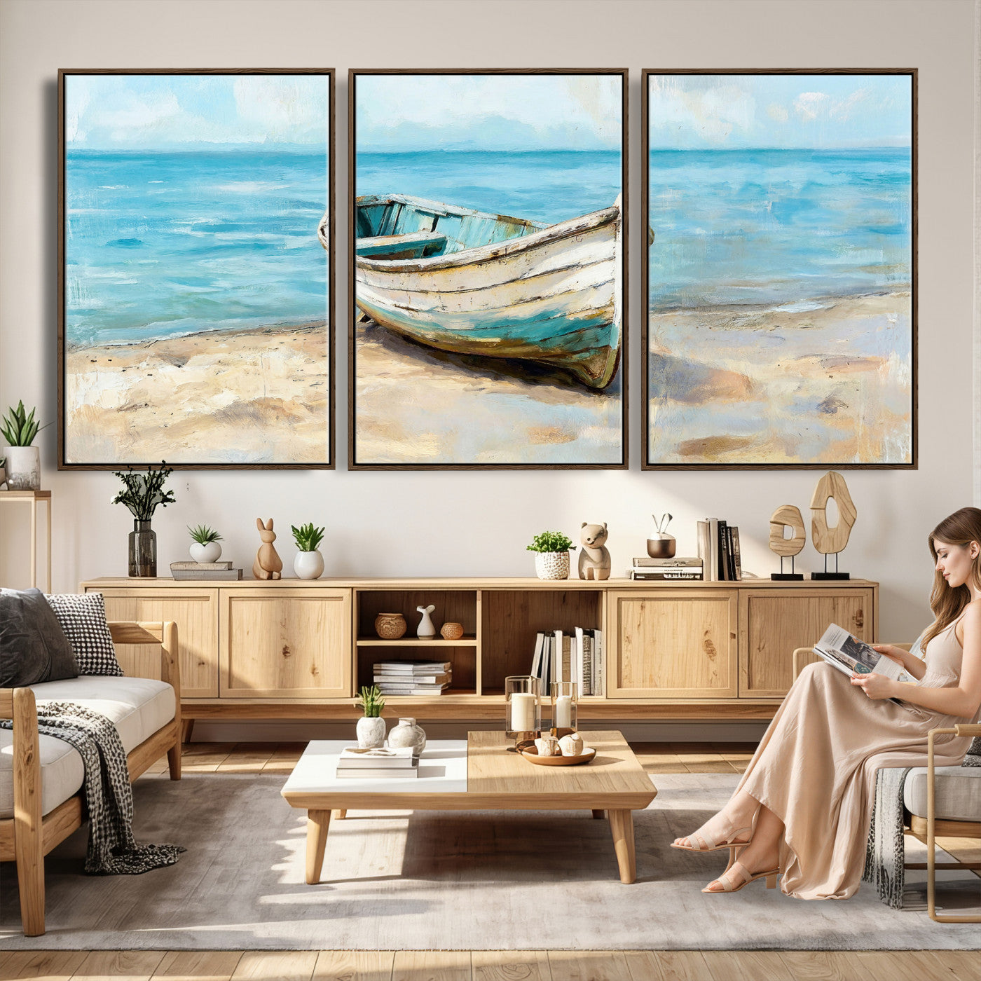 14780565-MGV-CV-36X24 - Coastal Boat Canvas Wall Art Print, Beach Boat Painting, Nautical Ocean Decor, Seascape Wall Art, Ready to Hang