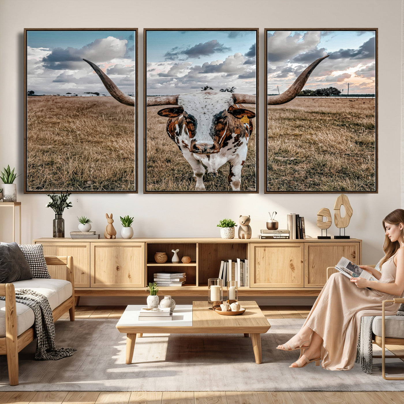 17464823-MGV-CV-36X24 - Texas Longhorn Canvas Wall Art Print, Western Cow Photography, Rustic Ranch Decor, Farmhouse Wall Art, Ready to Hang