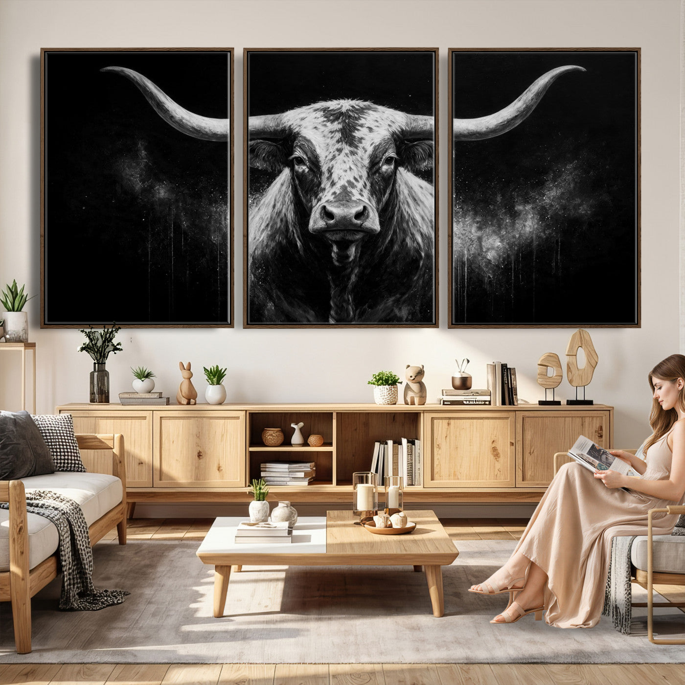 29671077-MGV-CV-60X30-3P - Texas Bull Cow Longhorn Canvas Wall Art Moody Western Bull Oil Painting Print