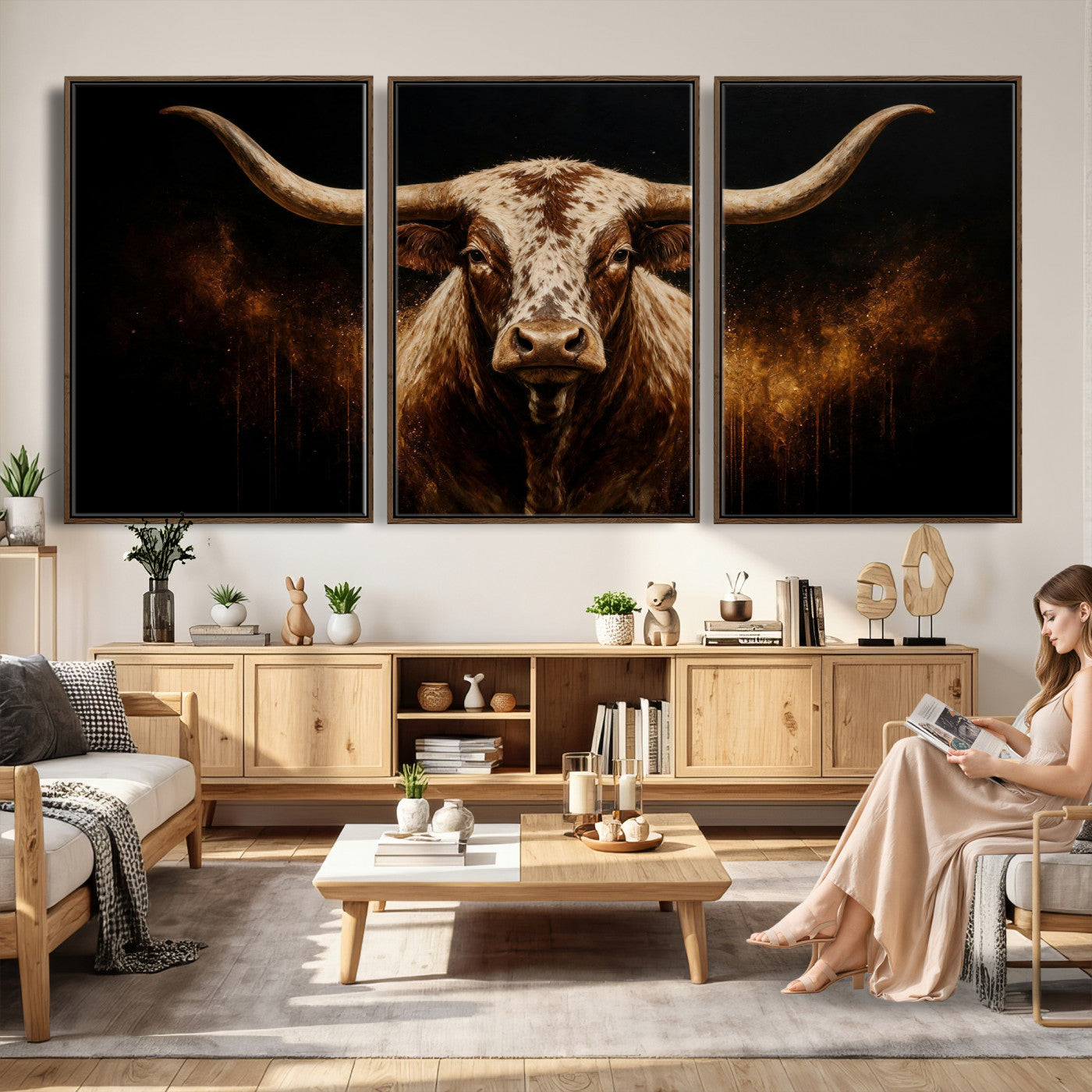 62076449-MGV-CV-48X32-3P - Texas Bull Cow Longhorn Canvas Wall Art Moody Western Bull Oil Painting Print