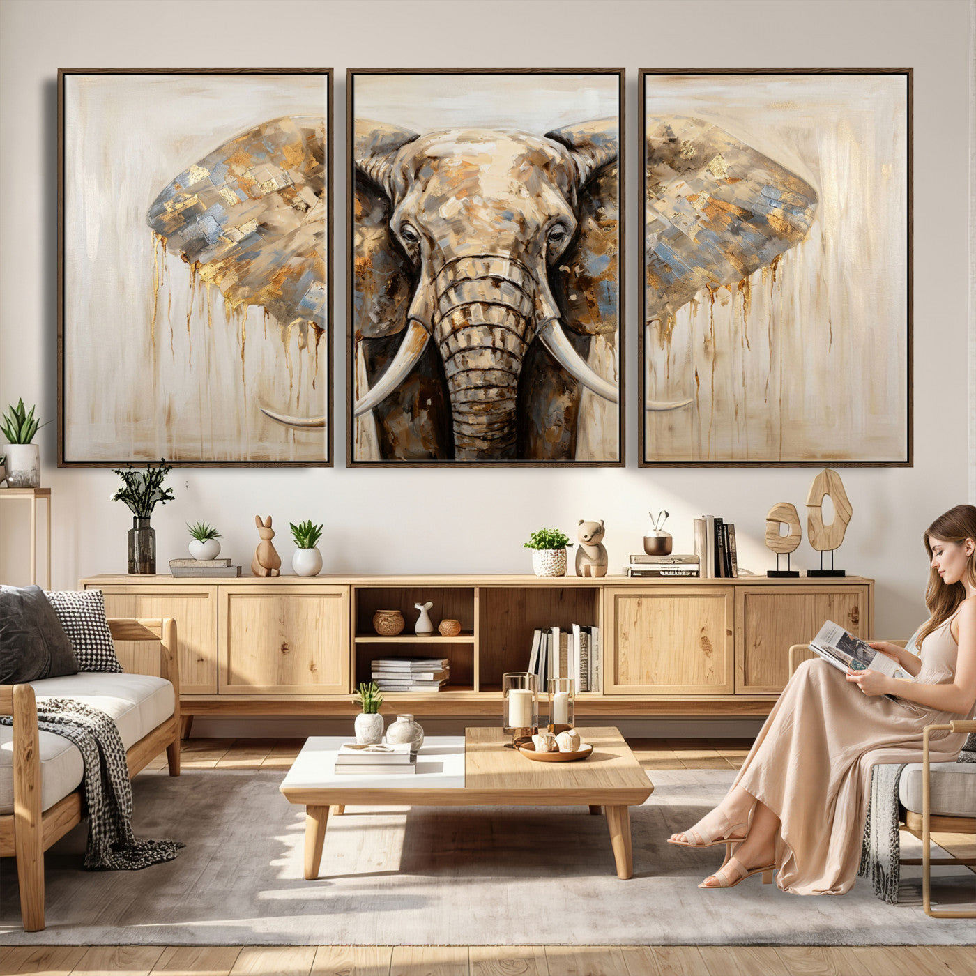 95819221-MGV-CV-36X24 - Gold Leaf Elephant Canvas Wall Art Abstract African Wildlife Painting Print