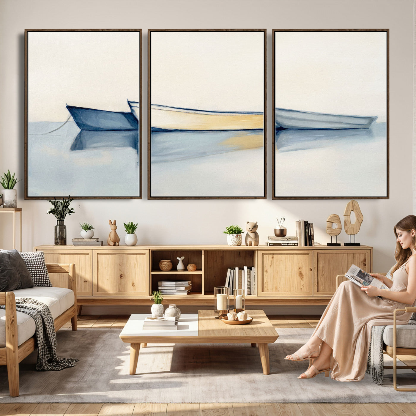 84017361-MGV-CV-36X24 - Abstract Three Boats Reflecting on Water Wall Art Canvas Print - Minimalist Coastal Seascape