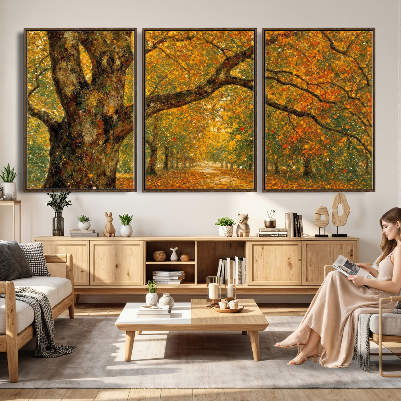 11536138-MGV-CV-36X24 - Vintage Autumn Forest Path Wall Art Canvas Print, Golden Leaves Impressionist Painting Print