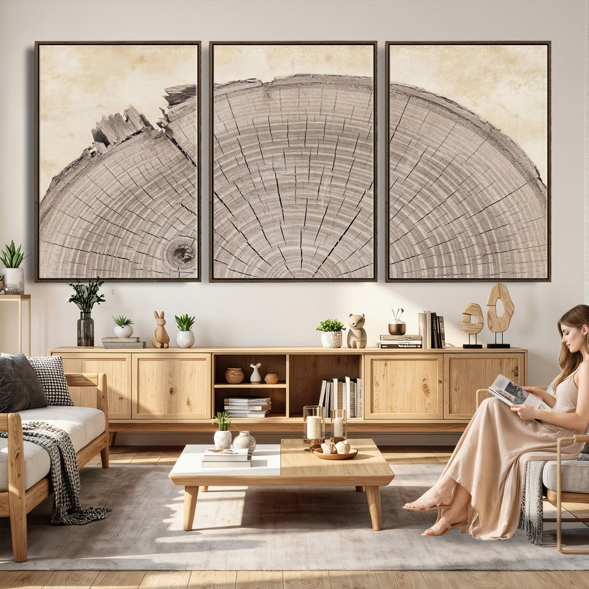 64174838-MGV-CV-60X30-3P - Tree Ring Canvas Wall Art in Neutral Earth Tones, Framed Wood Slice Print for Rustic and Japandi Interiors