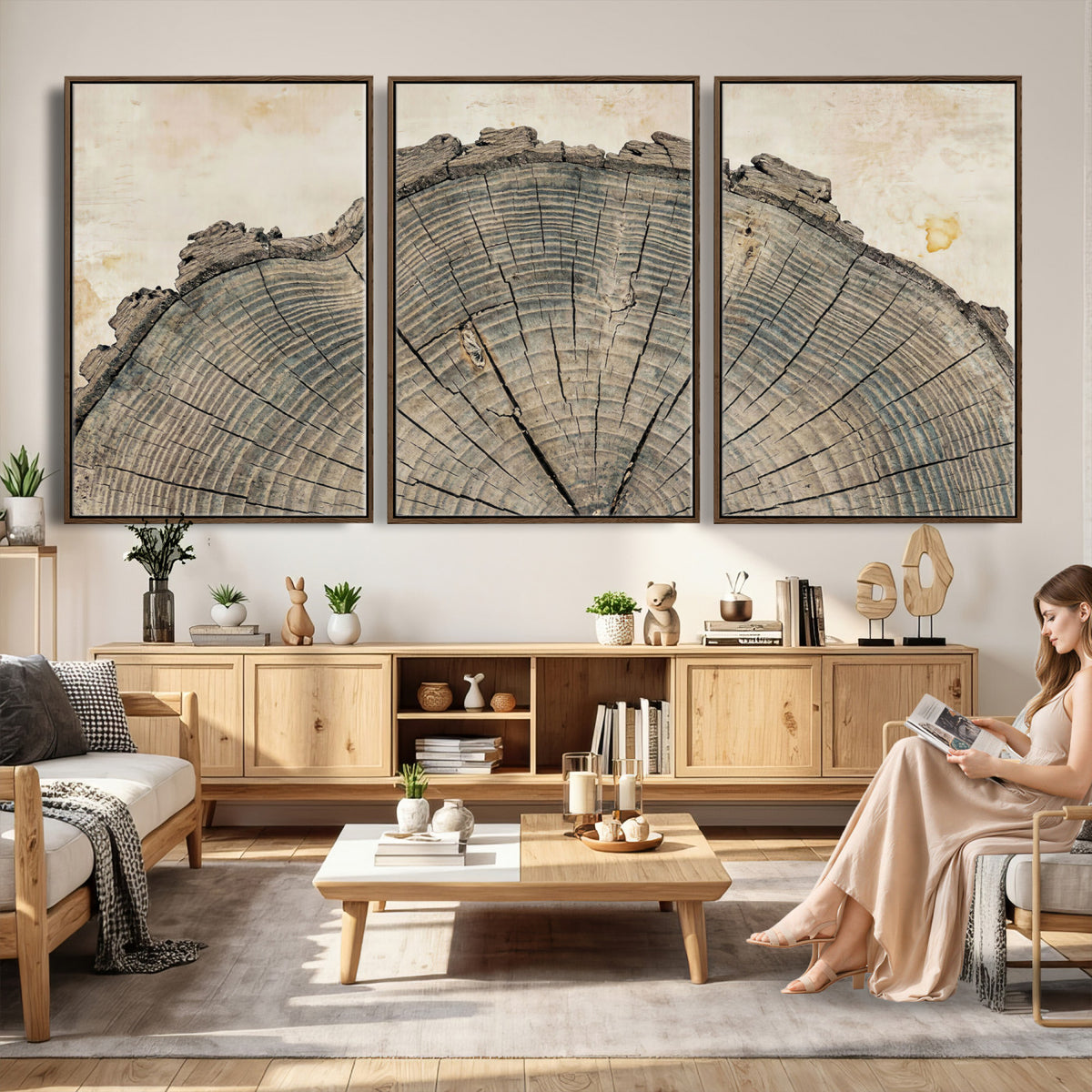 34201080-MGV-CV-60X30-3P - Tree Ring Canvas Wall Art in Neutral Earth Tones, Framed Wood Slice Print for Rustic and Japandi Interiors