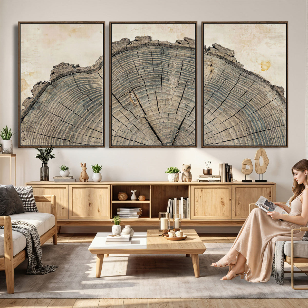 34201080-MGV-CV-60X30-3P - Tree Ring Canvas Wall Art in Neutral Earth Tones, Framed Wood Slice Print for Rustic and Japandi Interiors