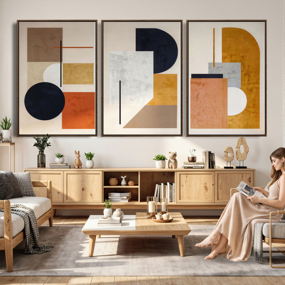 87361249-MGV-CV-48X32-3P - Mid Century Modern Geometric Canvas Wall Art, Abstract Triptych Print
