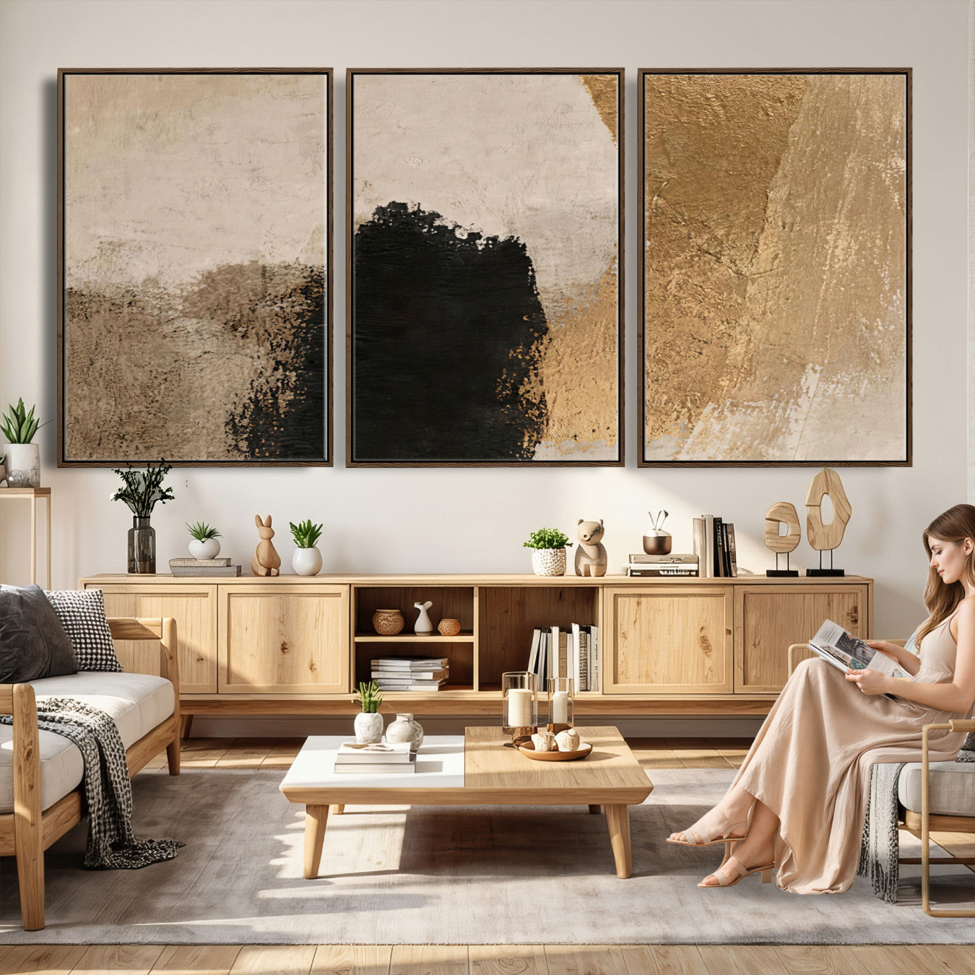 36003778-MGV-CV-48X32-3P - Mid Century Modern Geometric Canvas Wall Art, Abstract Triptych Print