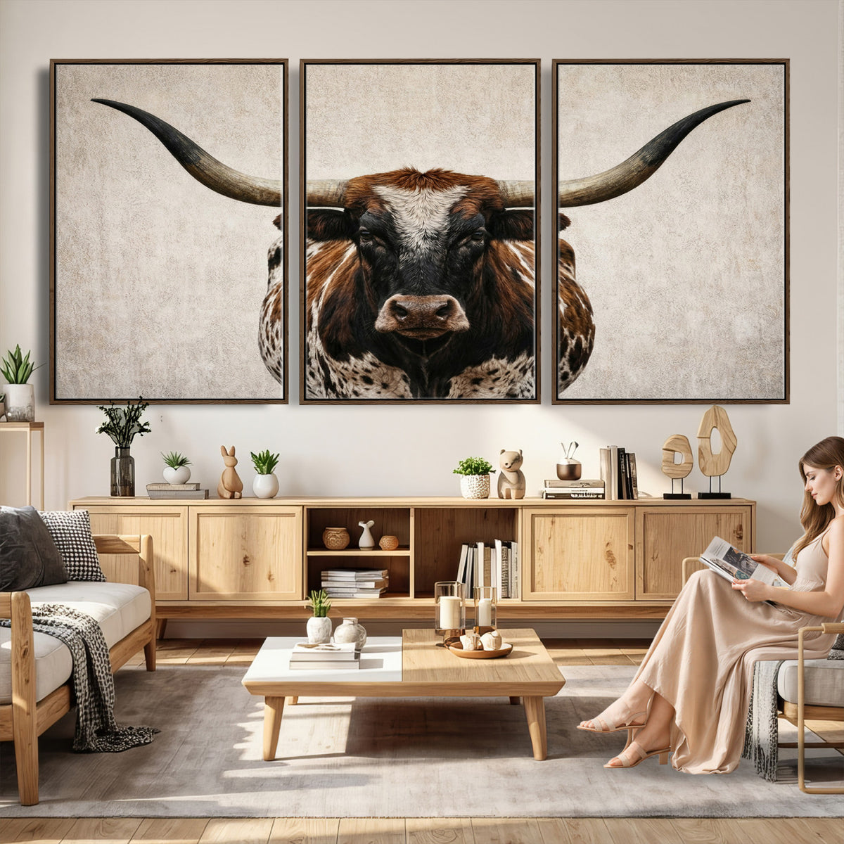 58622065-MGV-CV-36X24 - Texas Longhorn Canvas Wall Art Western Bull Desert Moody Grey Overcast Rustic Farmhouse Framed Large for Living Room Bedroom Office Decor
