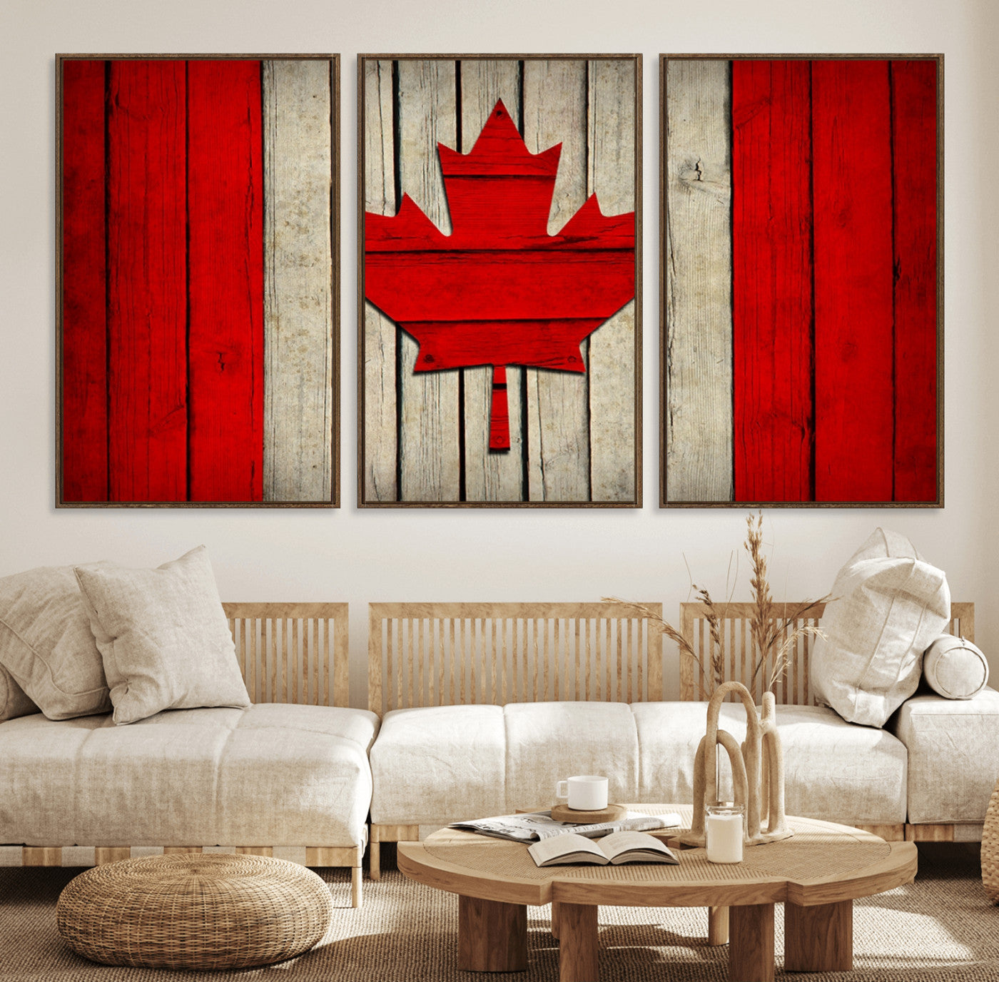 -Rustic Canada Flag Wall Art – Framed Canadian Flag Canvas Print, Vintage Wood Texture Home or Office Decor