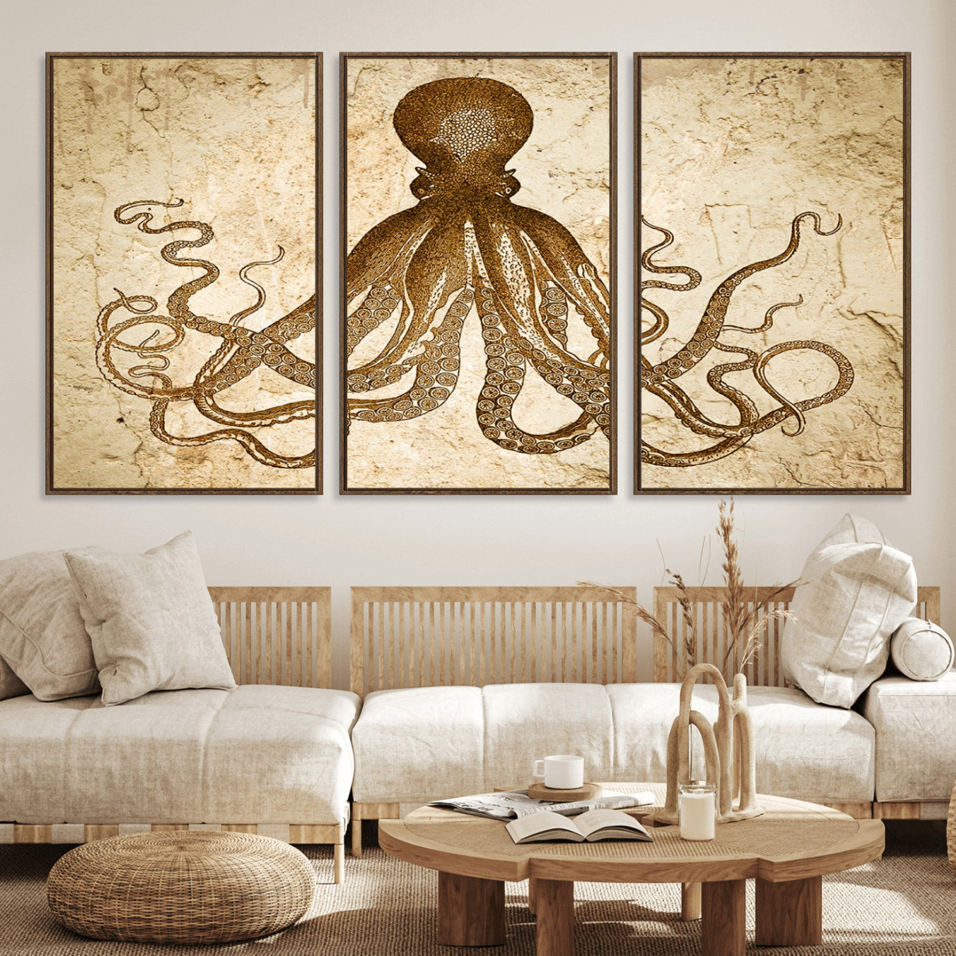 96154-MGV-FC-60X30-3P_Walnut-Sepia Octopus Wall Art Abstract Animal Canvas Print