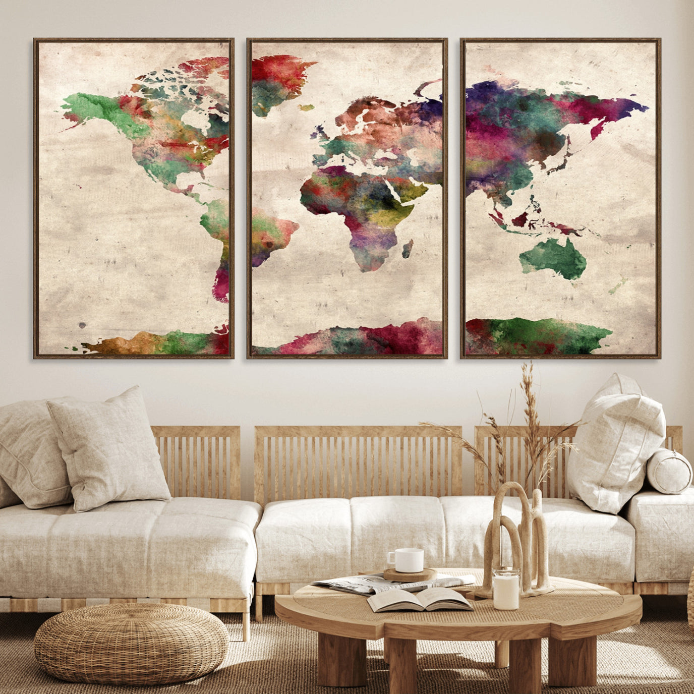 69476-MGV-FC-60X30-3P_Walnut-Watercolor World Map Canvas Print – Framed Push Pin Wall Art for Couples, Colorful Travel Map Artwork for Elegant Home and Office Decor