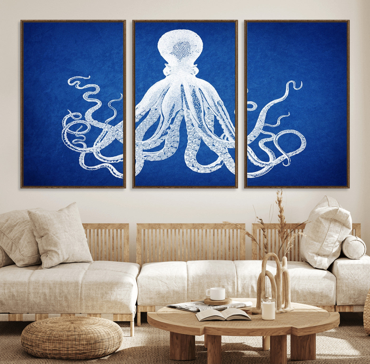 67315-MGV-FC-60X30-3P_Walnut-Large 3-Panel Blue Octopus Canvas Wall Art | Coastal Marine Life Artwork for Living Room, Bedroom,