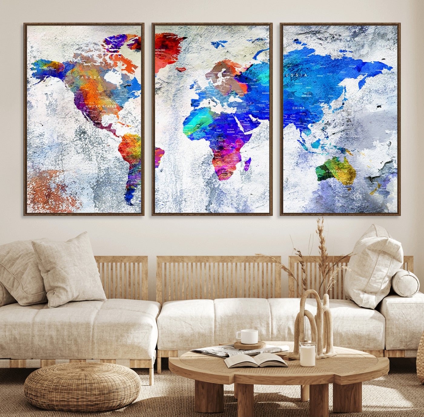 27352-MGV-FC-60X30-3P_Walnut-World Map Canvas Print – Colorful Abstract Push Pin Travel Map, Framed Wall Art for Home or Office Decor