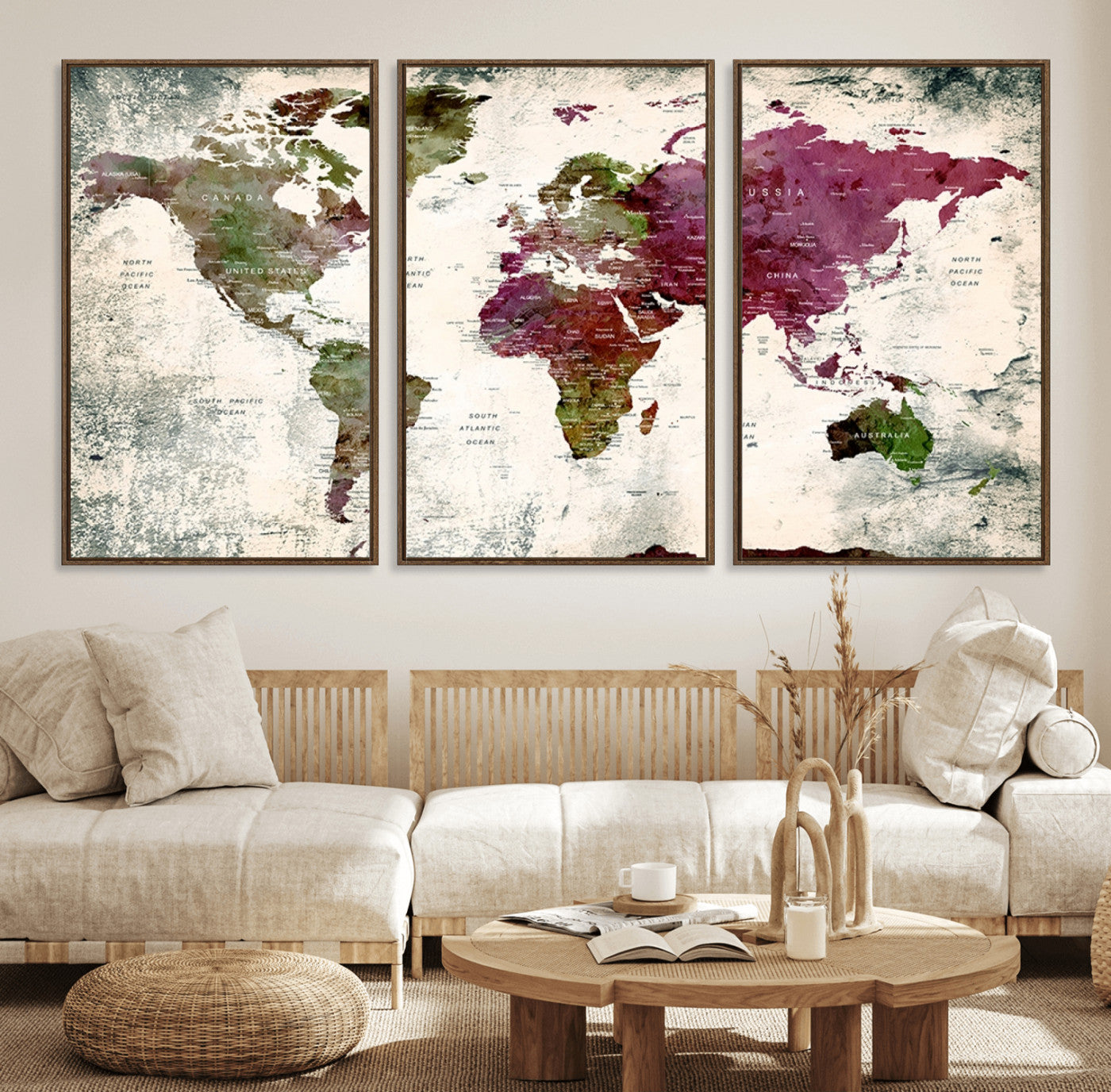 39882-MGV-FC-60X30-3P_Walnut-Vintage Watercolor Push Pin World Map Canvas – Framed Travel Wall Art for Home and Office Decor