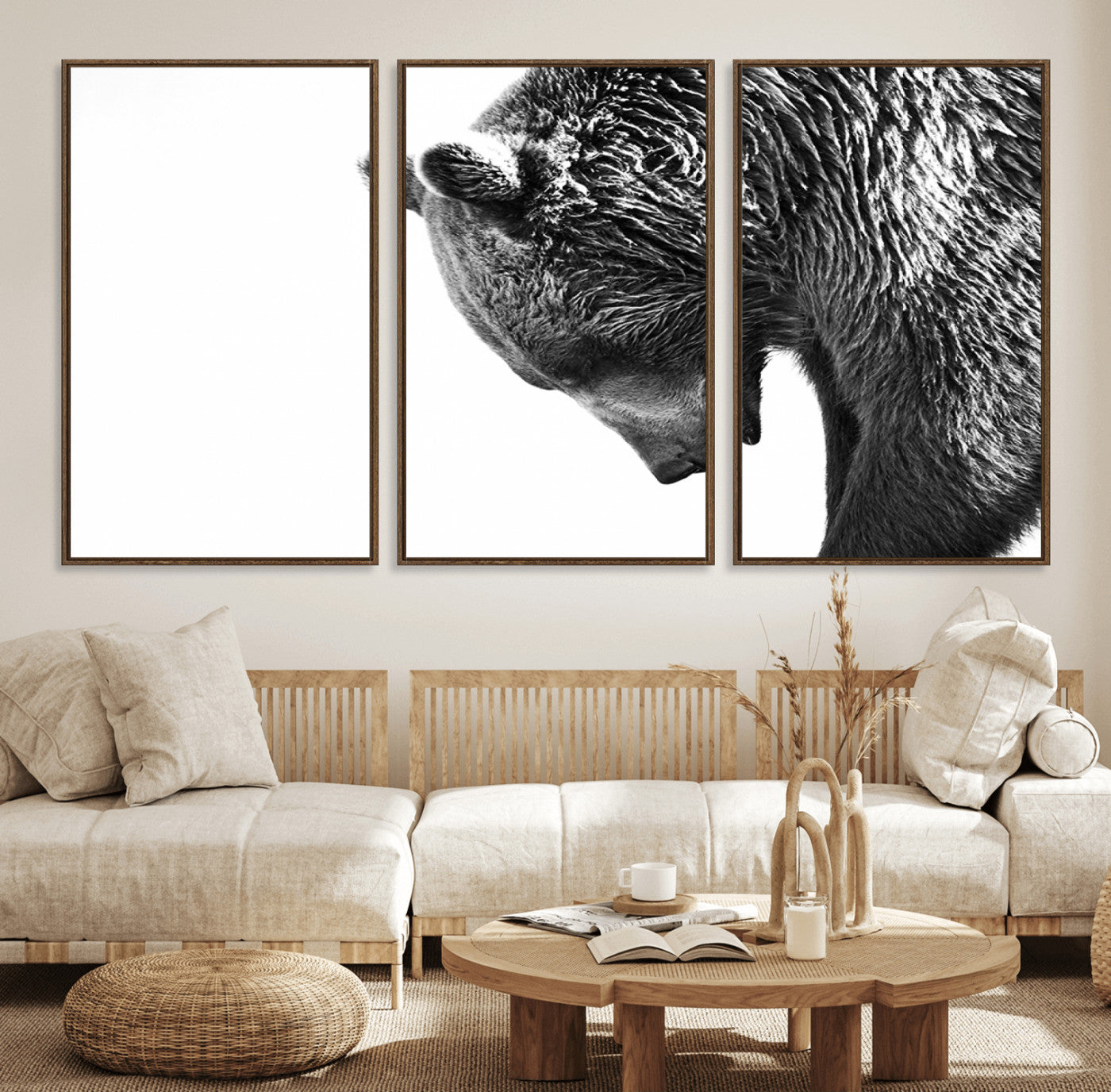 35398-MGV-FC-60X30-3P_Walnut-Black and White Grizzly 399 Bear Canvas Print Wall Art | Large Wildlife Canvas Print for Living