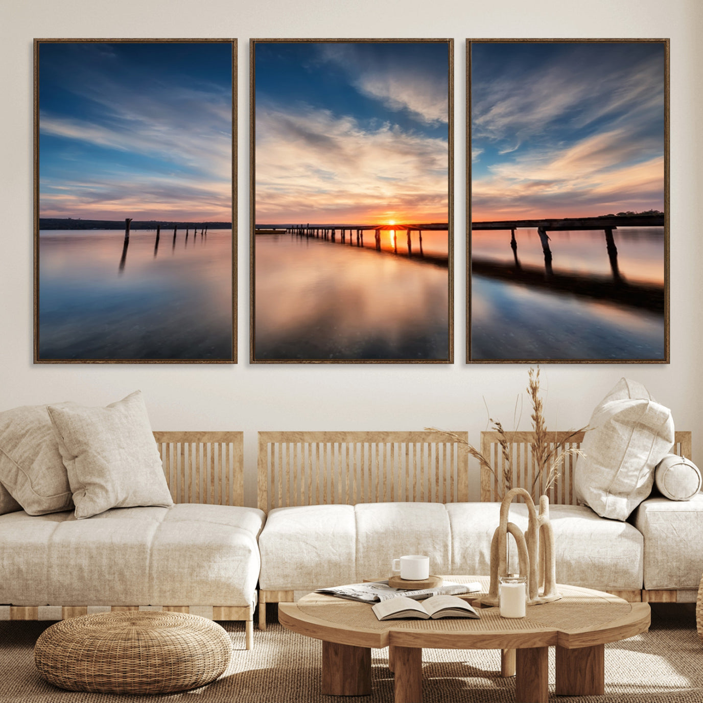 39967-MGV-FC-60X30-3P_Walnut-Wooden Pier on Seascape and Sunset Wall Art Canvas Print