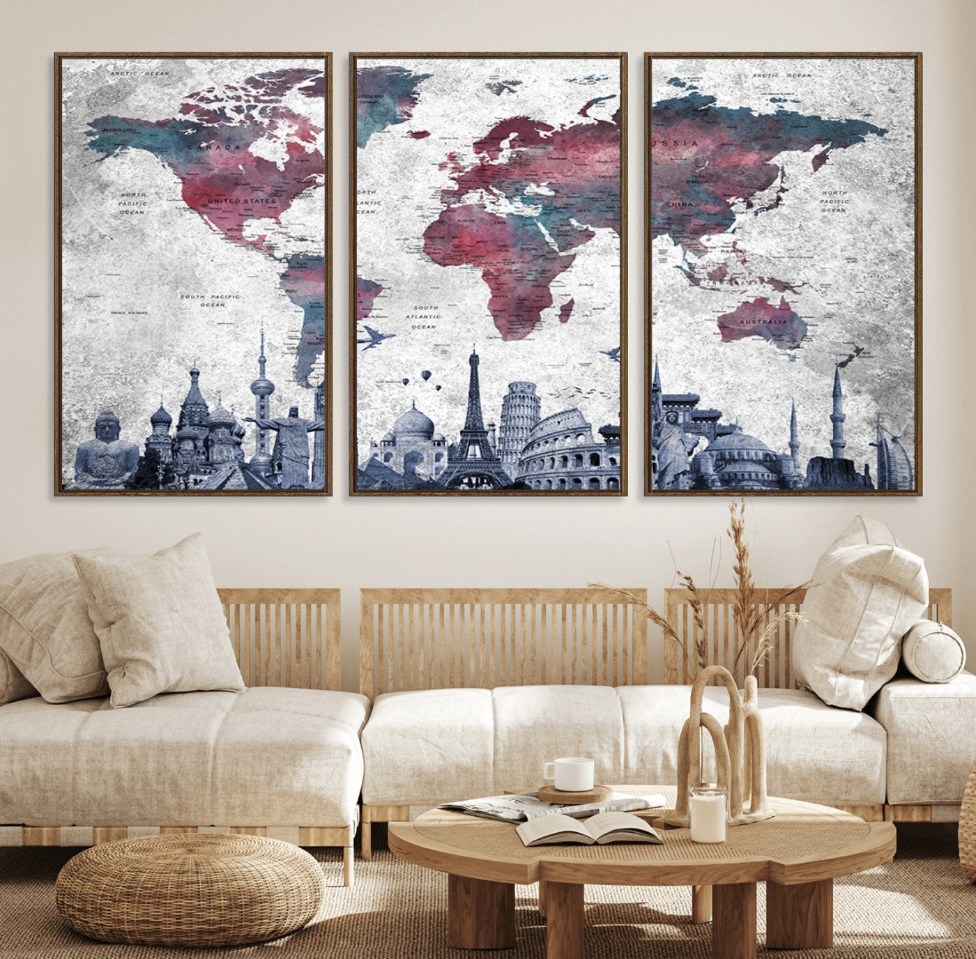 42515-MGV-FC-60X30-3P_Walnut-World Map Canvas Wall Art with Famous Landmarks – Framed Travel Map Print for Home and Office Decor, Perfect Gift for Travel Lovers