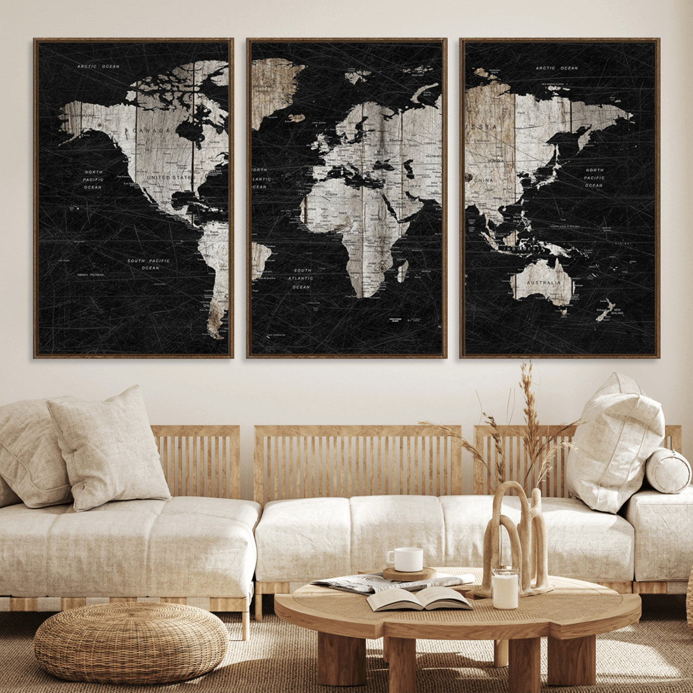 89998-MGV-FC-60X30-3P_Walnut-Rustic Black and Wood World Map Canvas Wall Art – Framed Push Pin Travel Map for Home and Office Decor, Modern Vintage Wall Artwork
