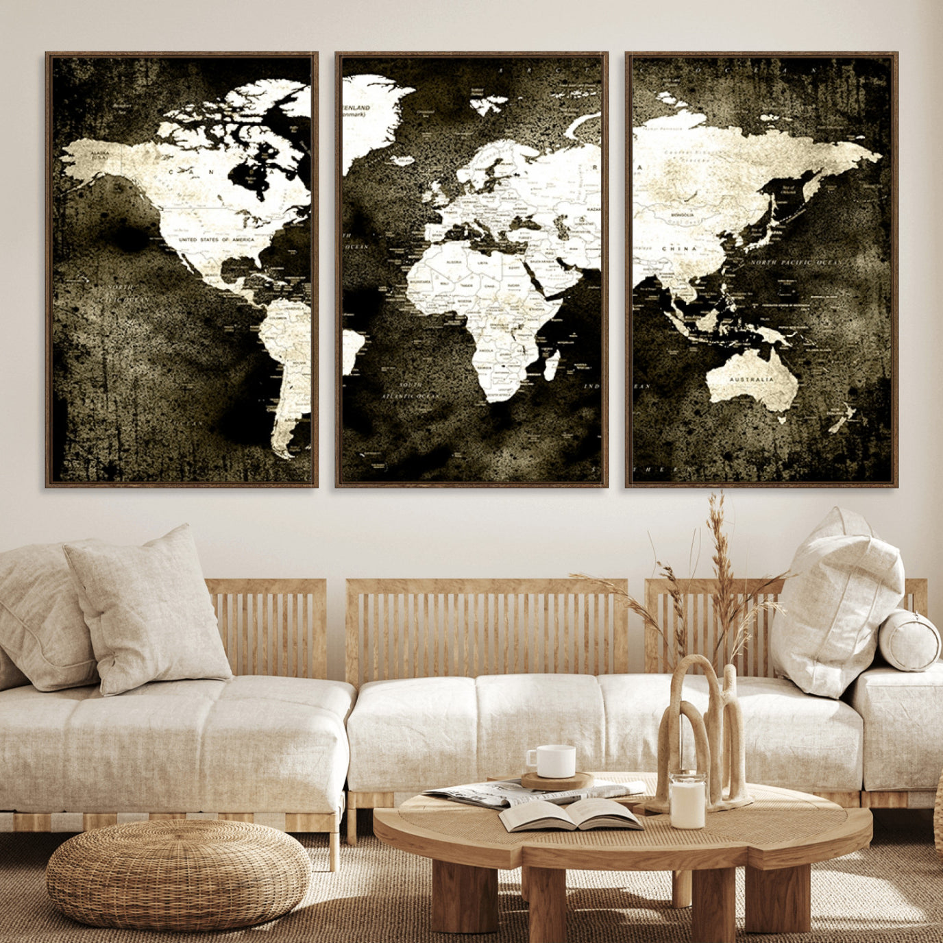 66737-MGV-FC-60X30-3P_Walnut-Vintage World Map Canvas Wall Art – Framed Push Pin Travel Map for Home and Office Decor, Rustic Wall Artwork for Travelers