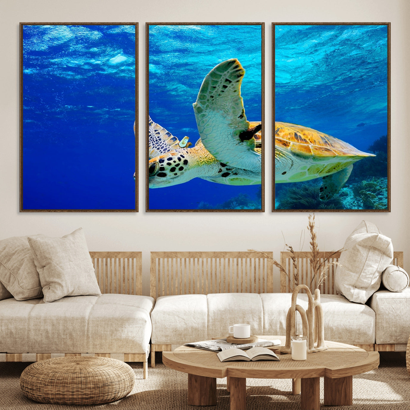 16292-MGV-FC-60X30-3P_Walnut-Sea Turtle Wall Art Canvas Print, Sea life in the Ocean Wall Art Printing