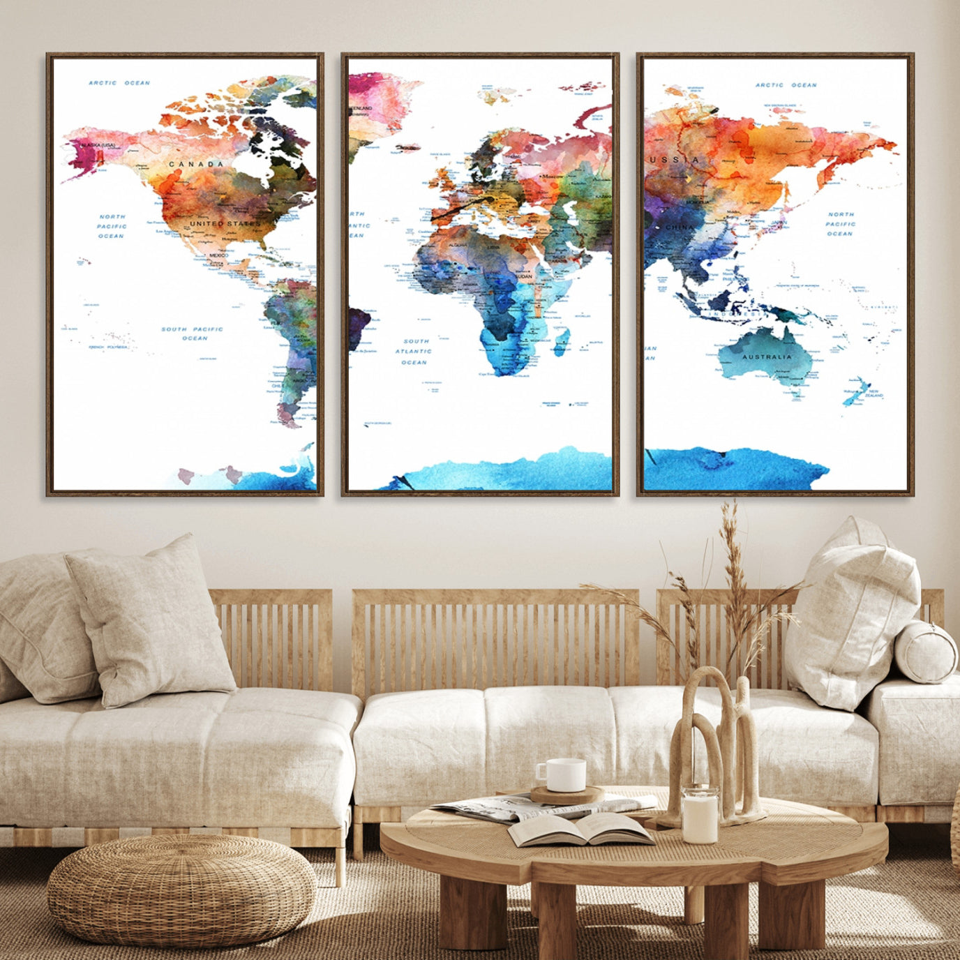11576-MGV-FC-60X30-3P_Walnut-Vibrant Watercolor World Map Canvas Wall Art – Framed Push Pin Travel Map for Home and Office Decor, Modern Colorful Wall Artwork