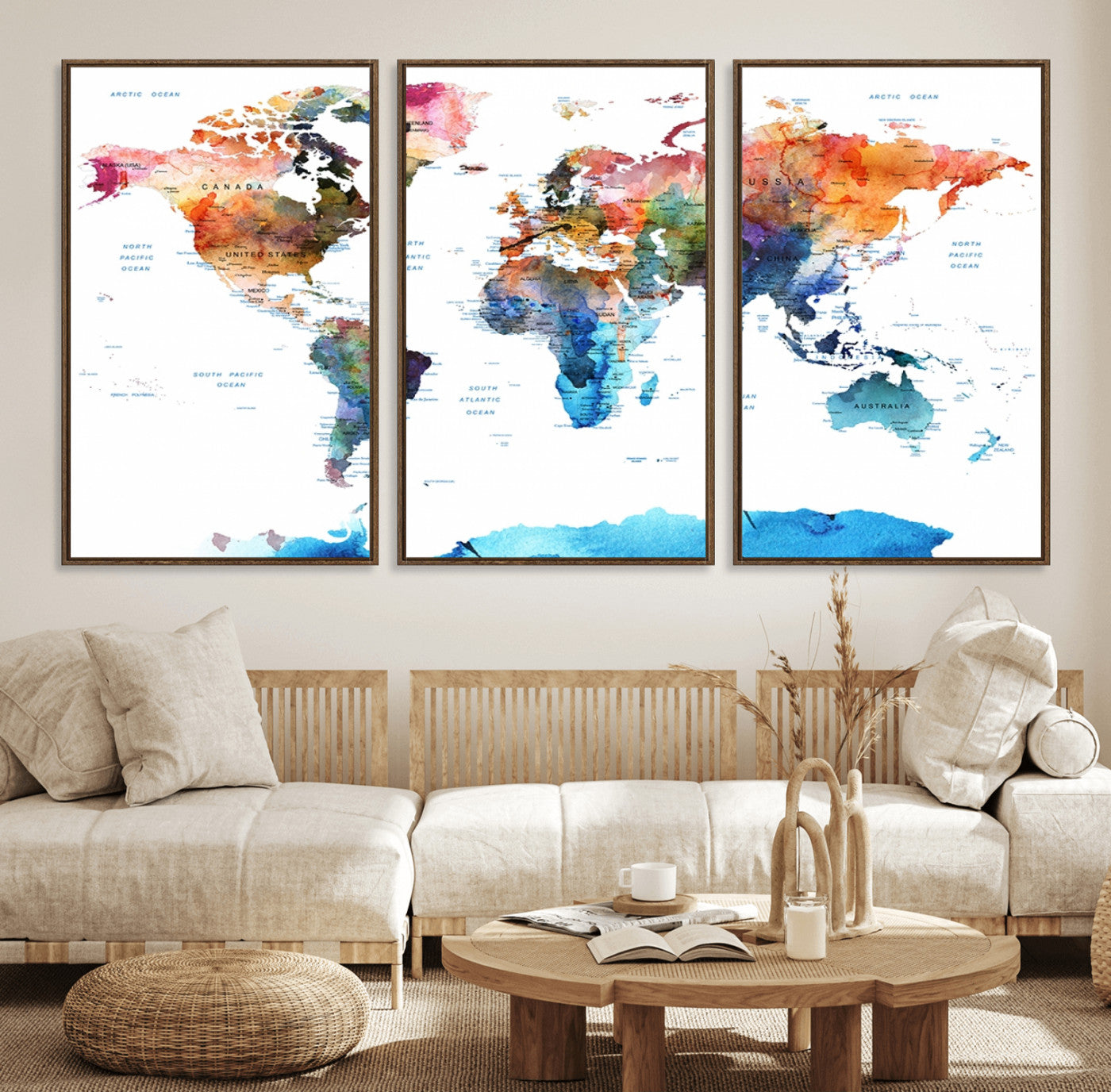 11576-MGV-FC-60X30-3P_Walnut-Vibrant Watercolor World Map Canvas Wall Art – Framed Push Pin Travel Map for Home and Office Decor, Modern Colorful Wall Artwork
