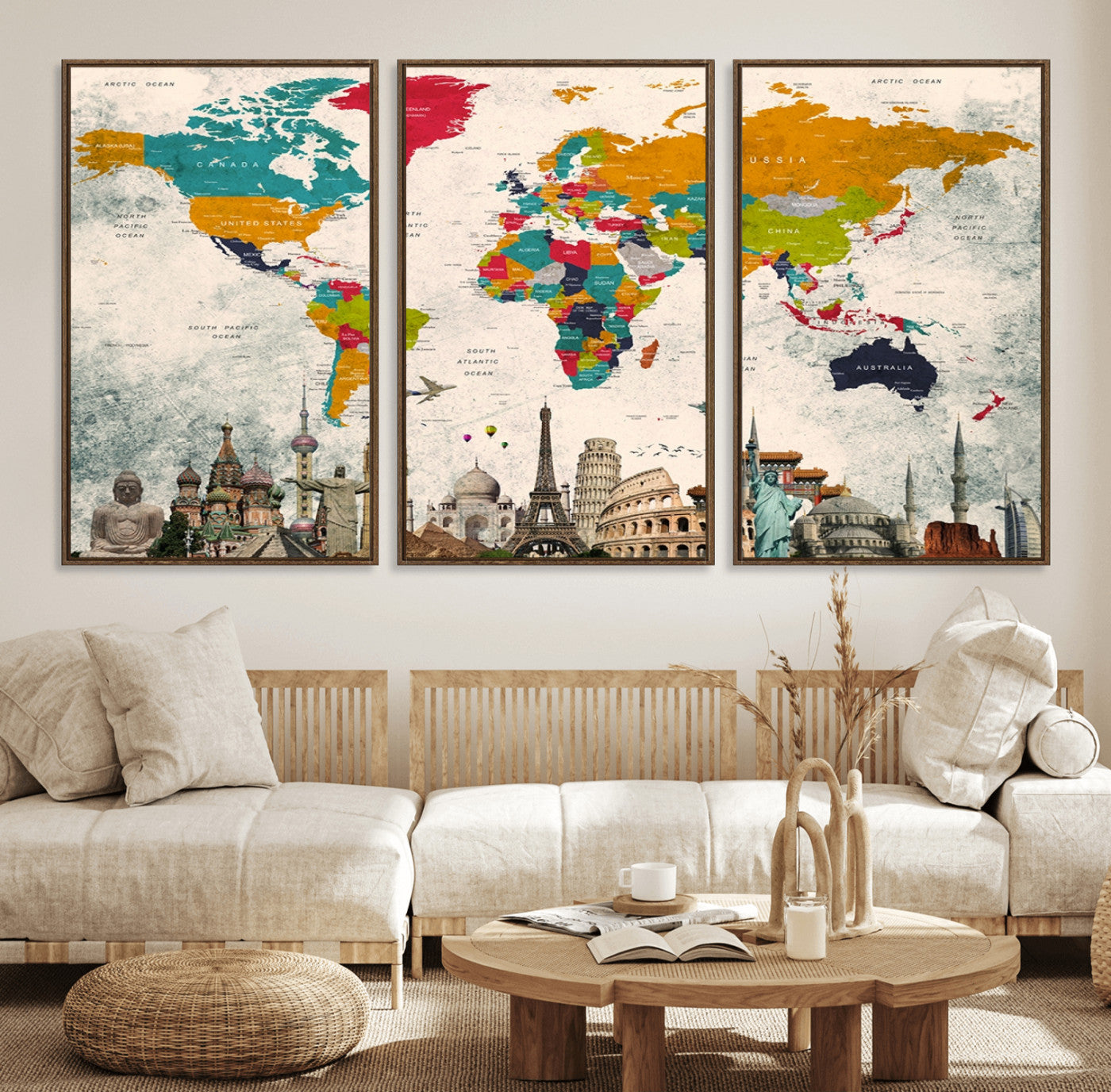 98056-MGV-FC-60X30-3P_Walnut-Colorful World Map Canvas Wall Art with Landmarks – Framed Travel Map Print for Home and Office Decor, Perfect Gift for Travel Lovers